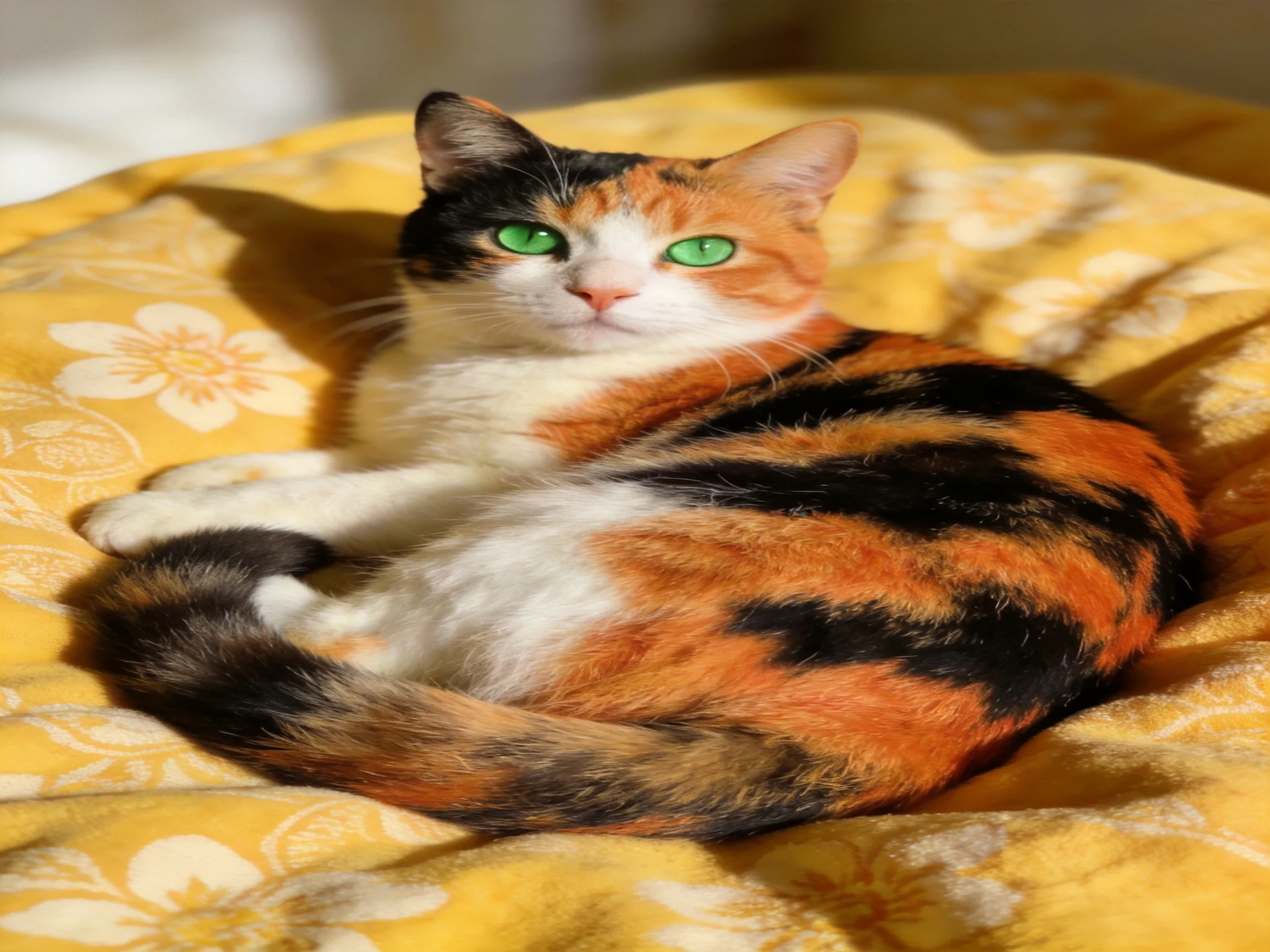 A calico cat with green eyes relaxes on a yellow floral cushion.