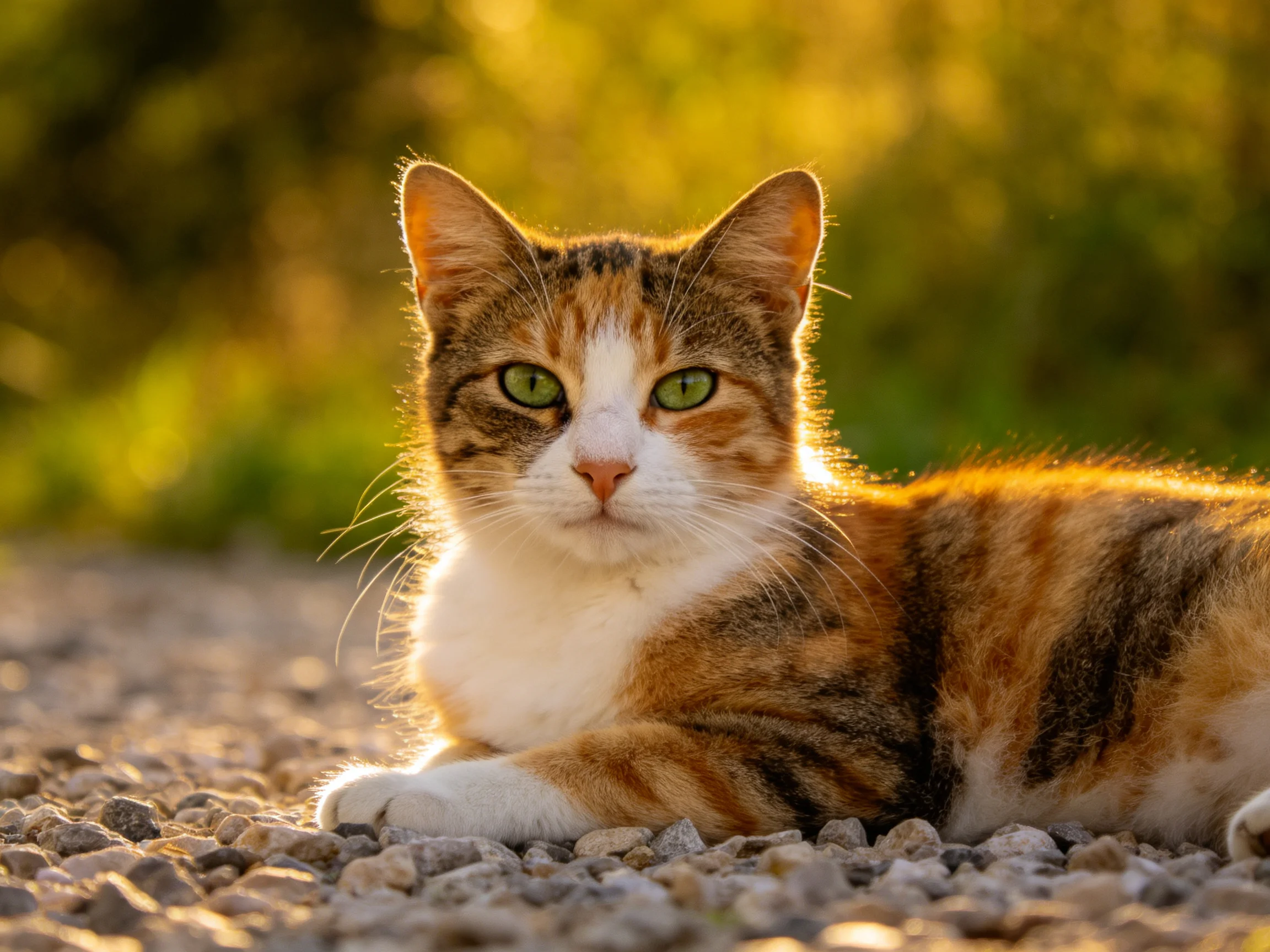 A calico cat with green eyes relaxes on gravel in a sunlit outdoor setting.