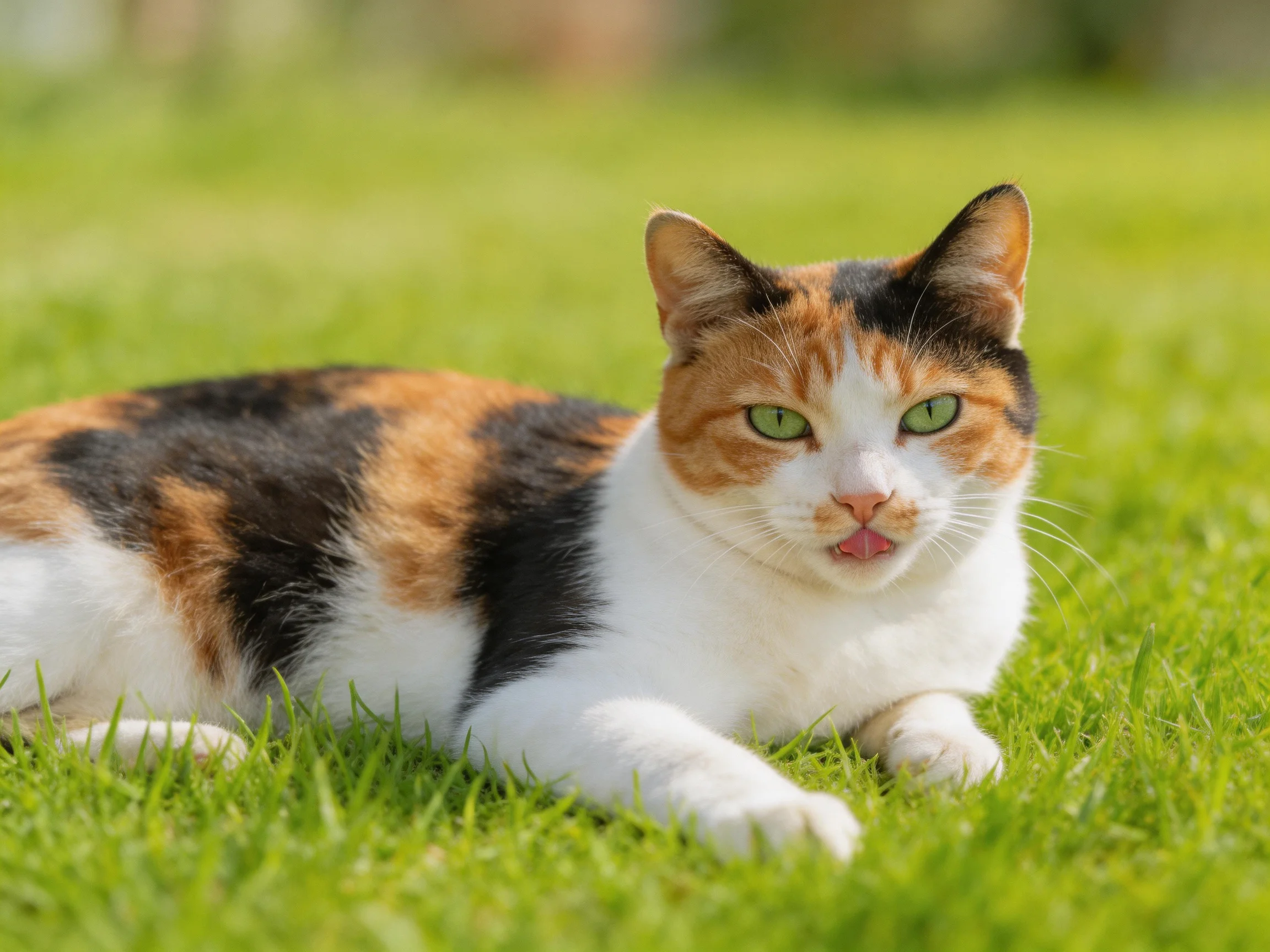 A calico cat with green eyes rests on green grass.