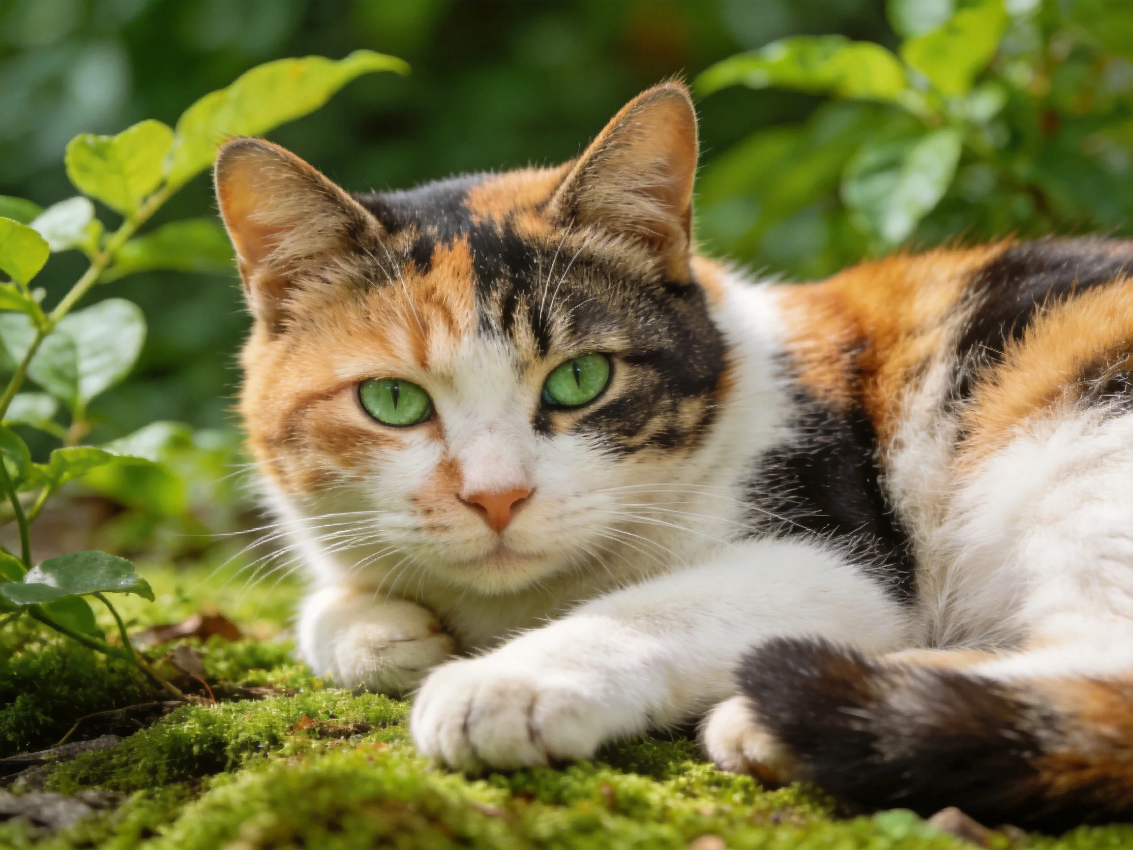 A calico cat with green eyes rests on mossy, leafy ground