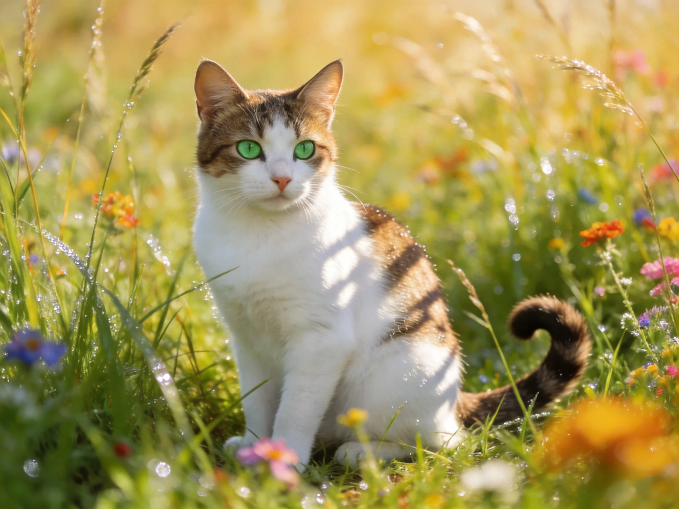 A calico cat with green eyes sits among colorful wildflowers and tall grass