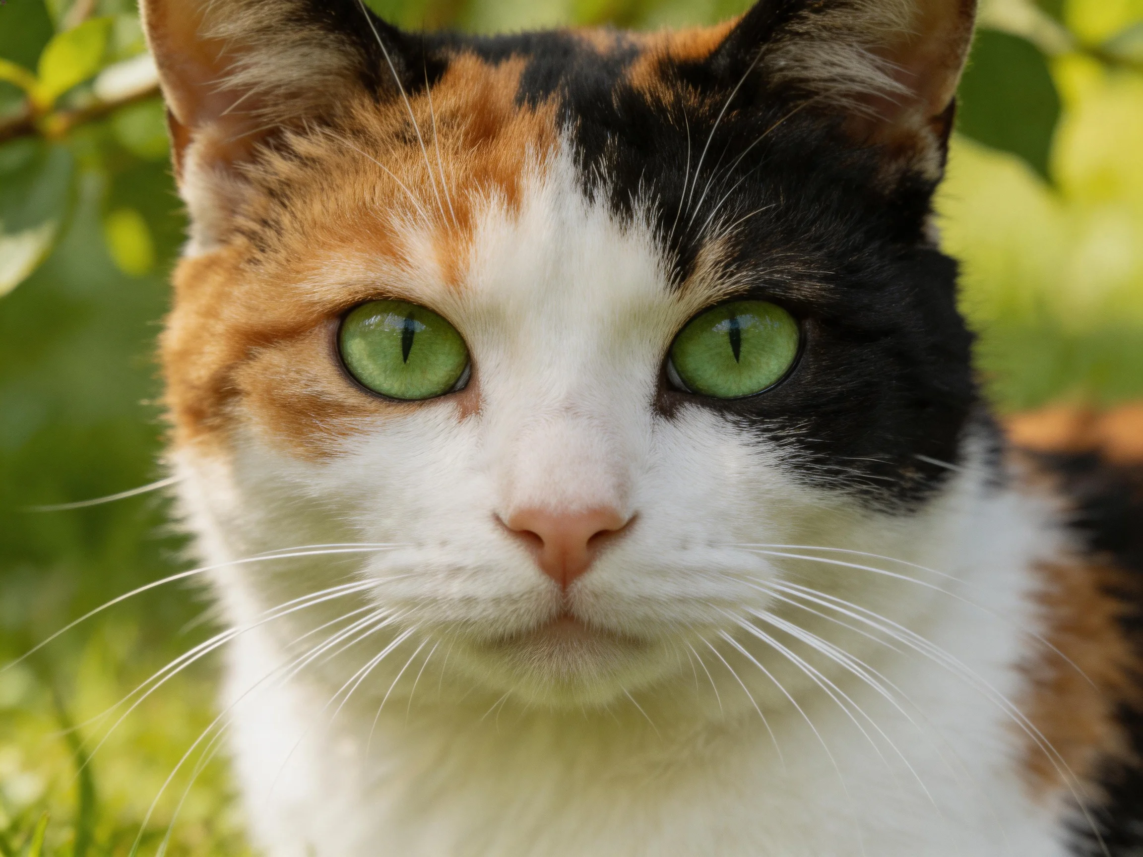 A calico cat with green eyes is near green foliage.