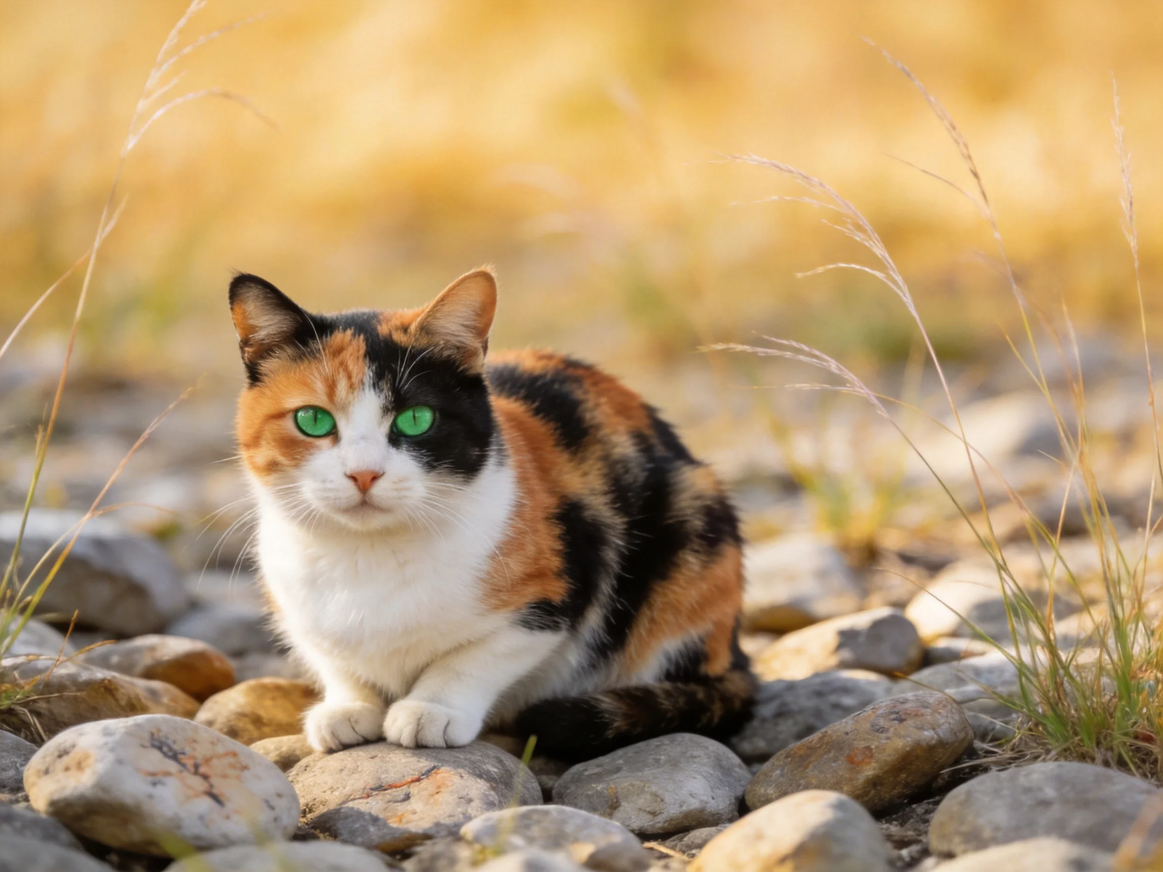 A calico cat with green eyes rests on smooth stones near tall grass.