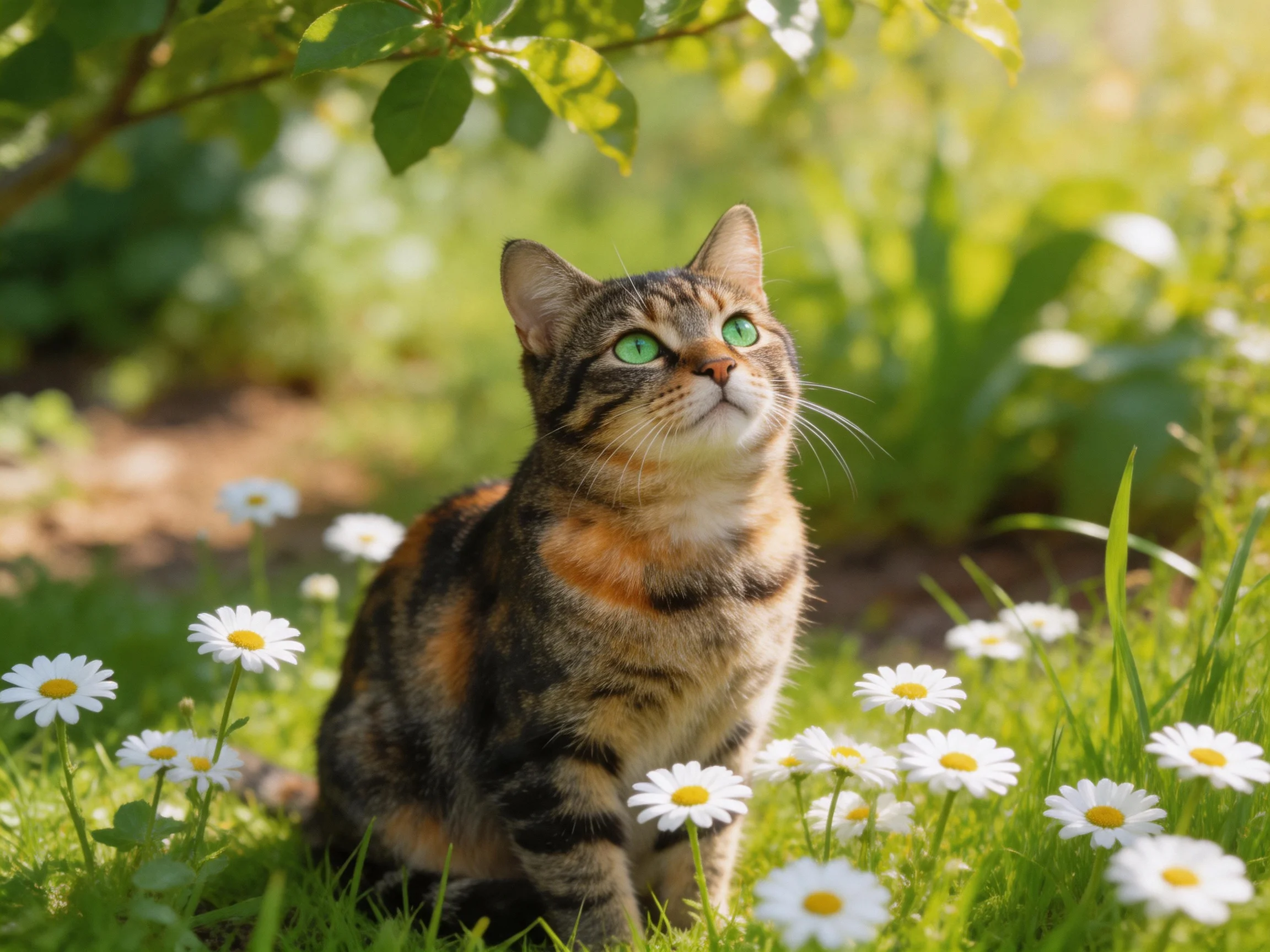 A calico cat with green eyes is surrounded by daisies in a sunlit garden.