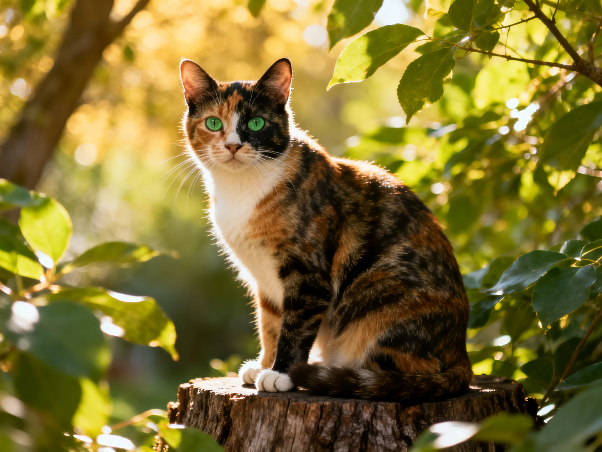 A calico cat with green eyes rests on a tree stump in a sunlit, leafy setting.