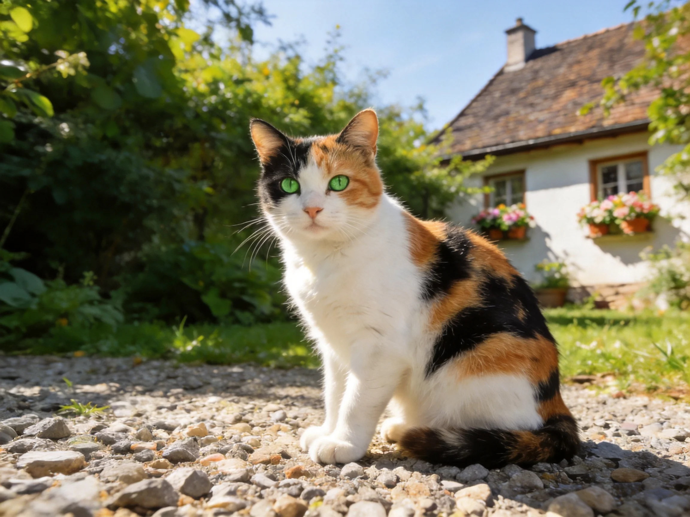 A calico cat with green eyes sits on gravel near a charming cottage