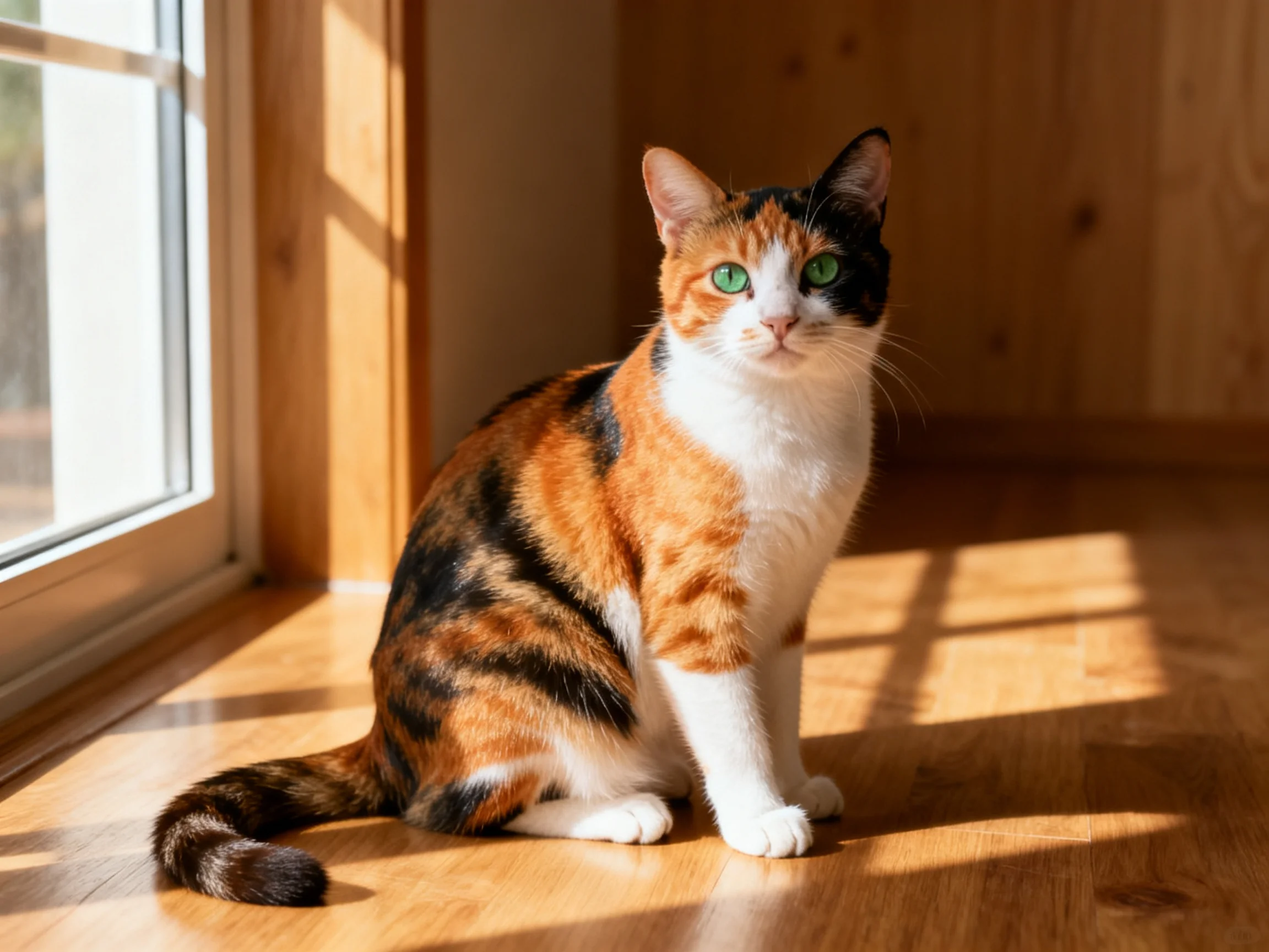 A calico cat sits by a sunlit wooden window