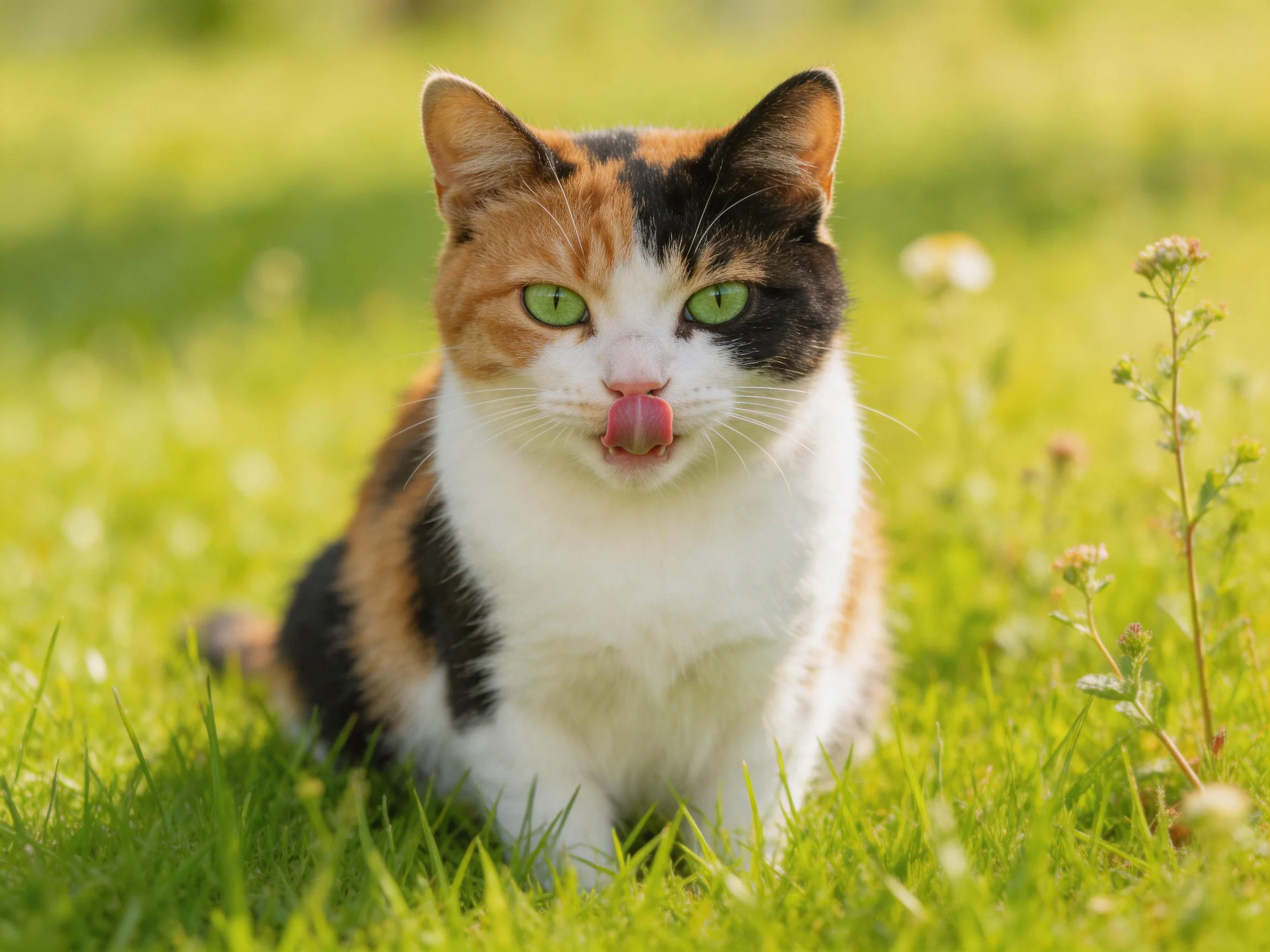 A calico cat with green eyes relaxes in a sunlit grassy area.