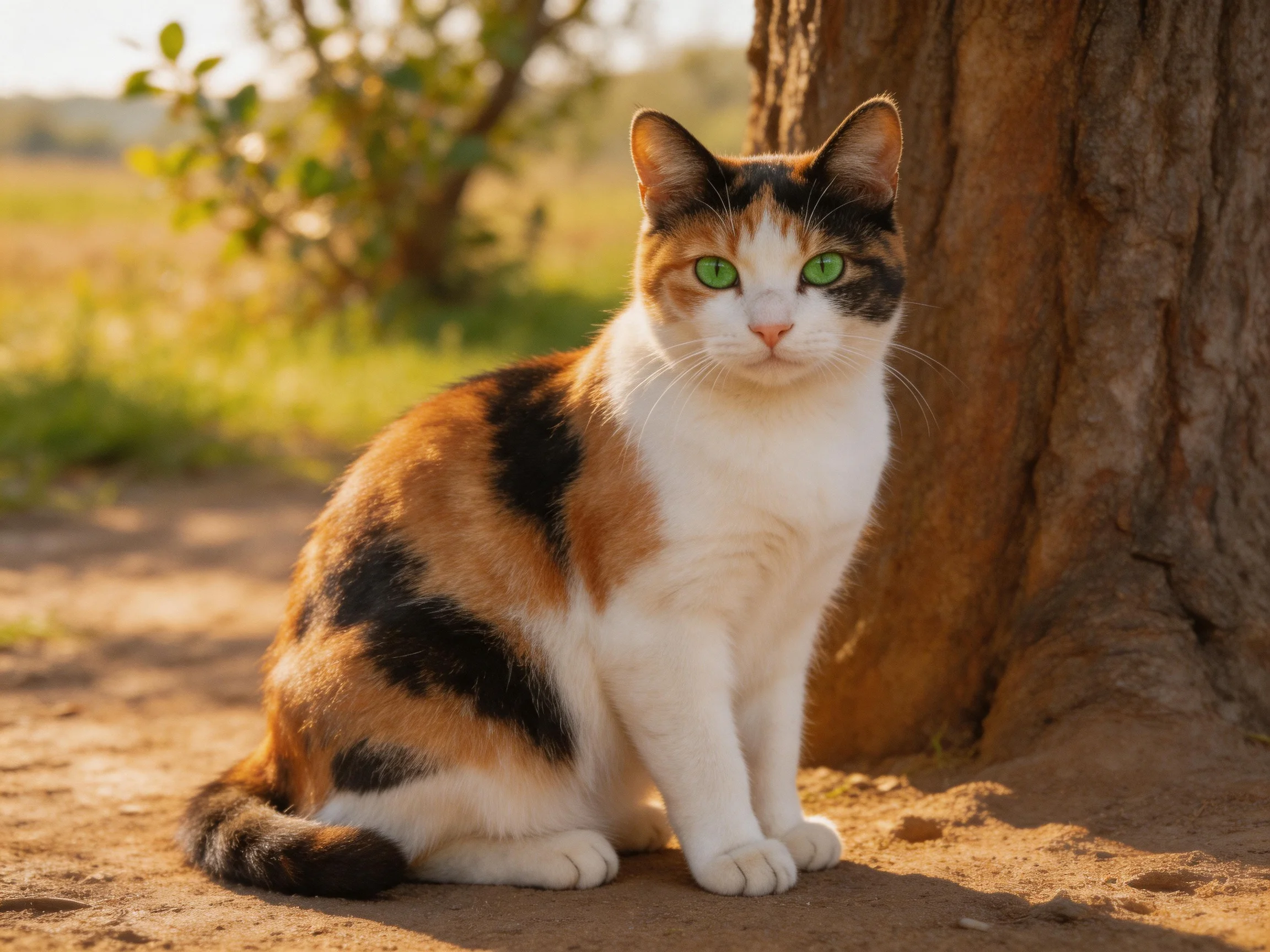 A calico cat with green eyes sits near a large tree in a sunlit outdoor setting