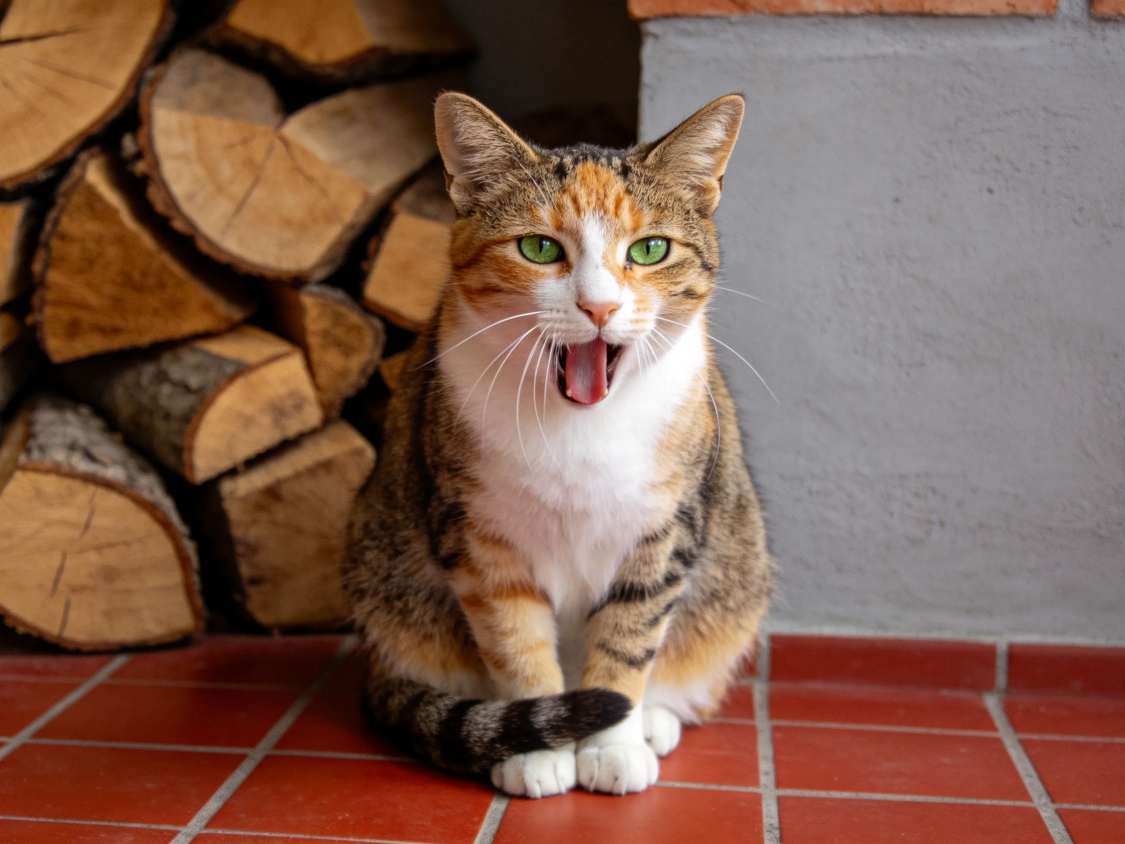A calico cat with green eyes yawns beside stacked firewood.