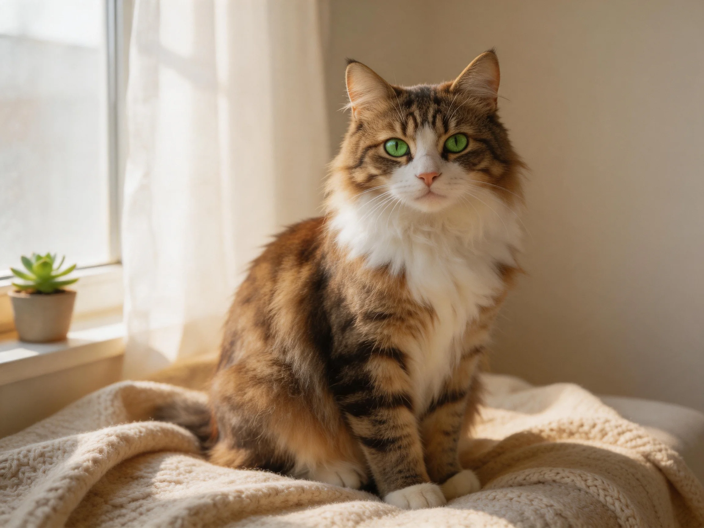 A calico cat with green eyes rests on a soft blanket near a sunlit window.