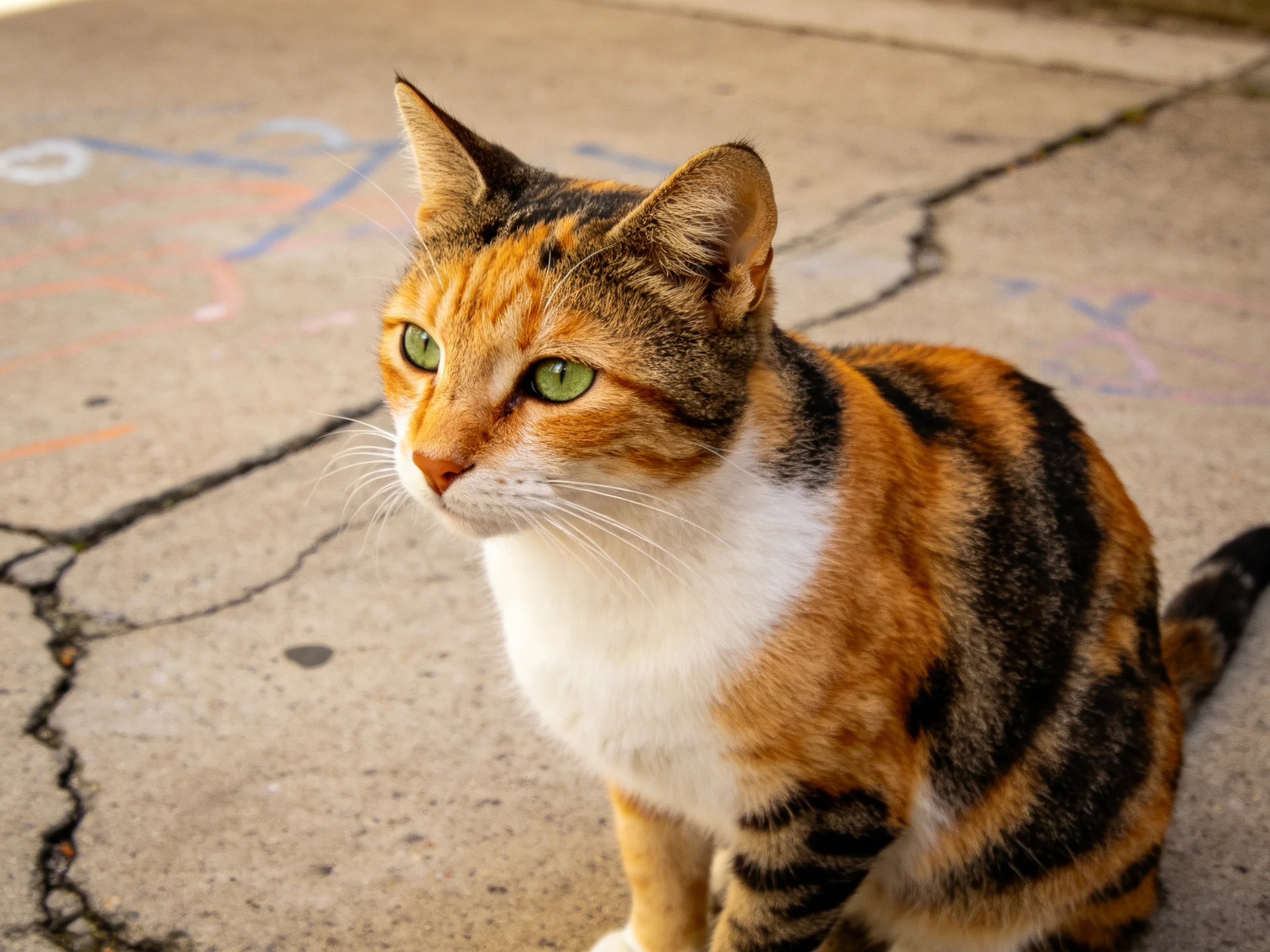 A calico cat with green eyes sits on a cracked concrete surface with chalk drawings.