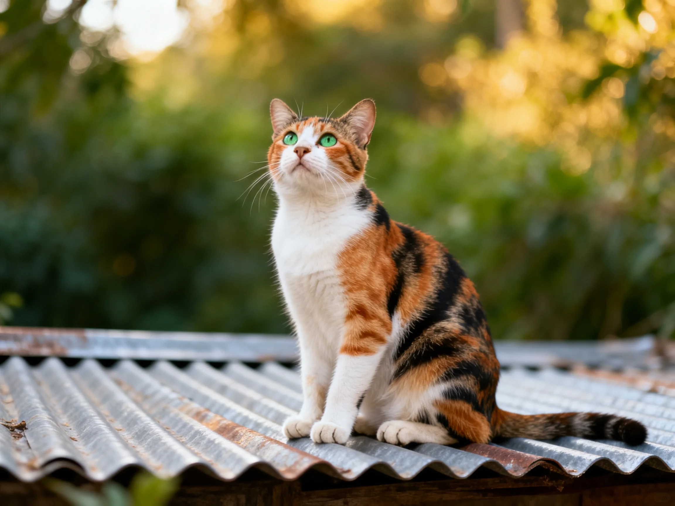 A calico cat with green eyes sits on a rusted corrugated roof amid a sunlit natural backdrop.