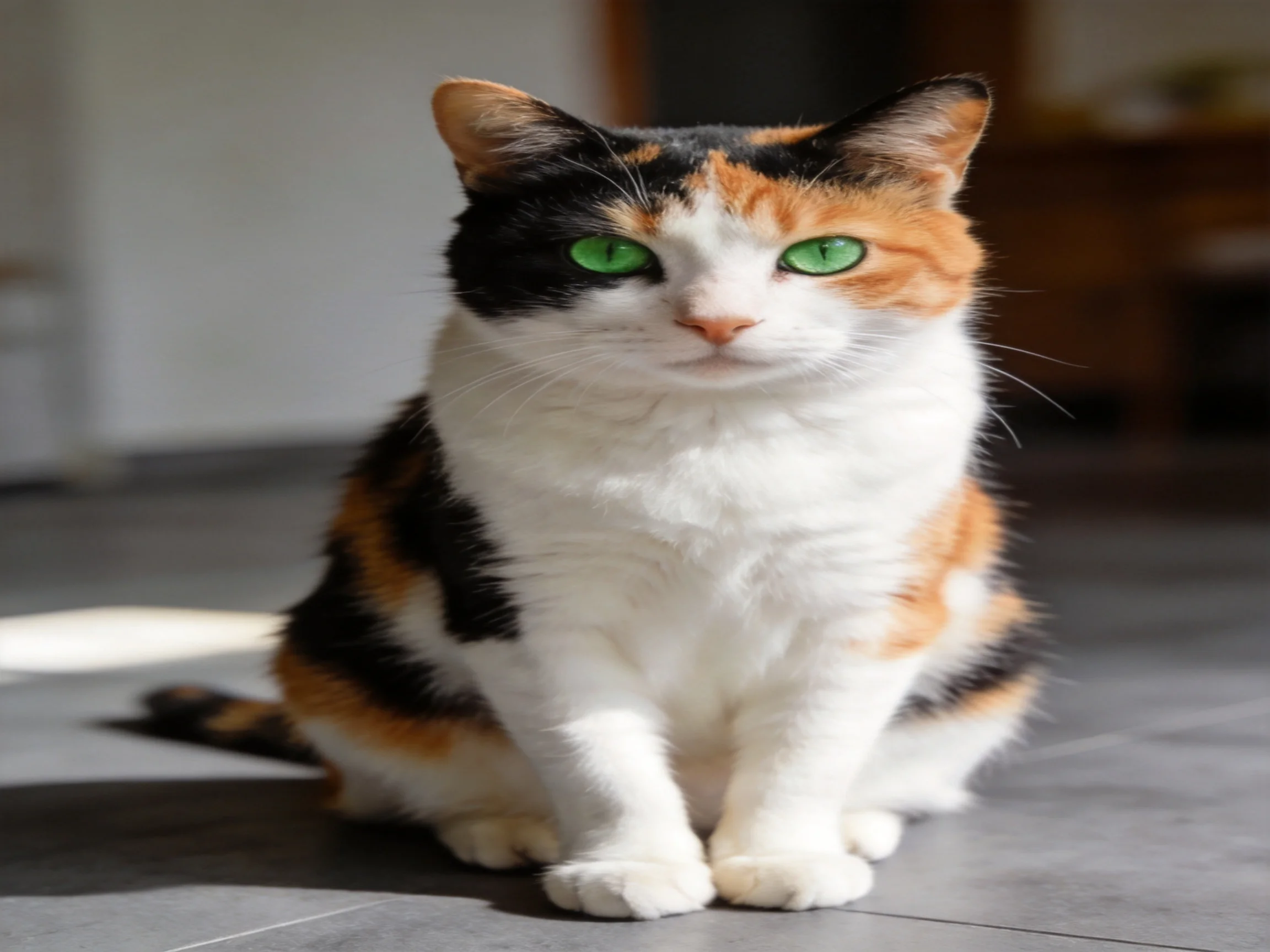 A calico cat with green eyes sits on a tiled floor.