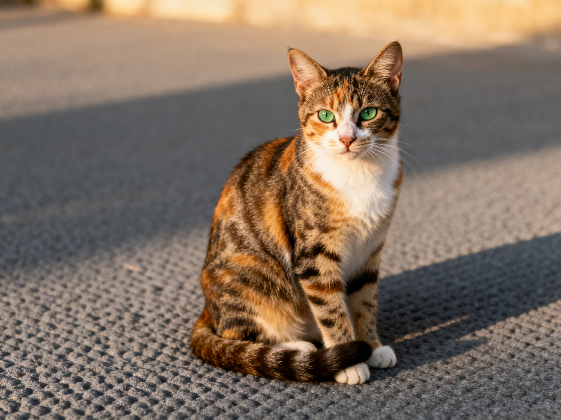 A calico cat with green eyes sits on textured pavement under warm sunlight.