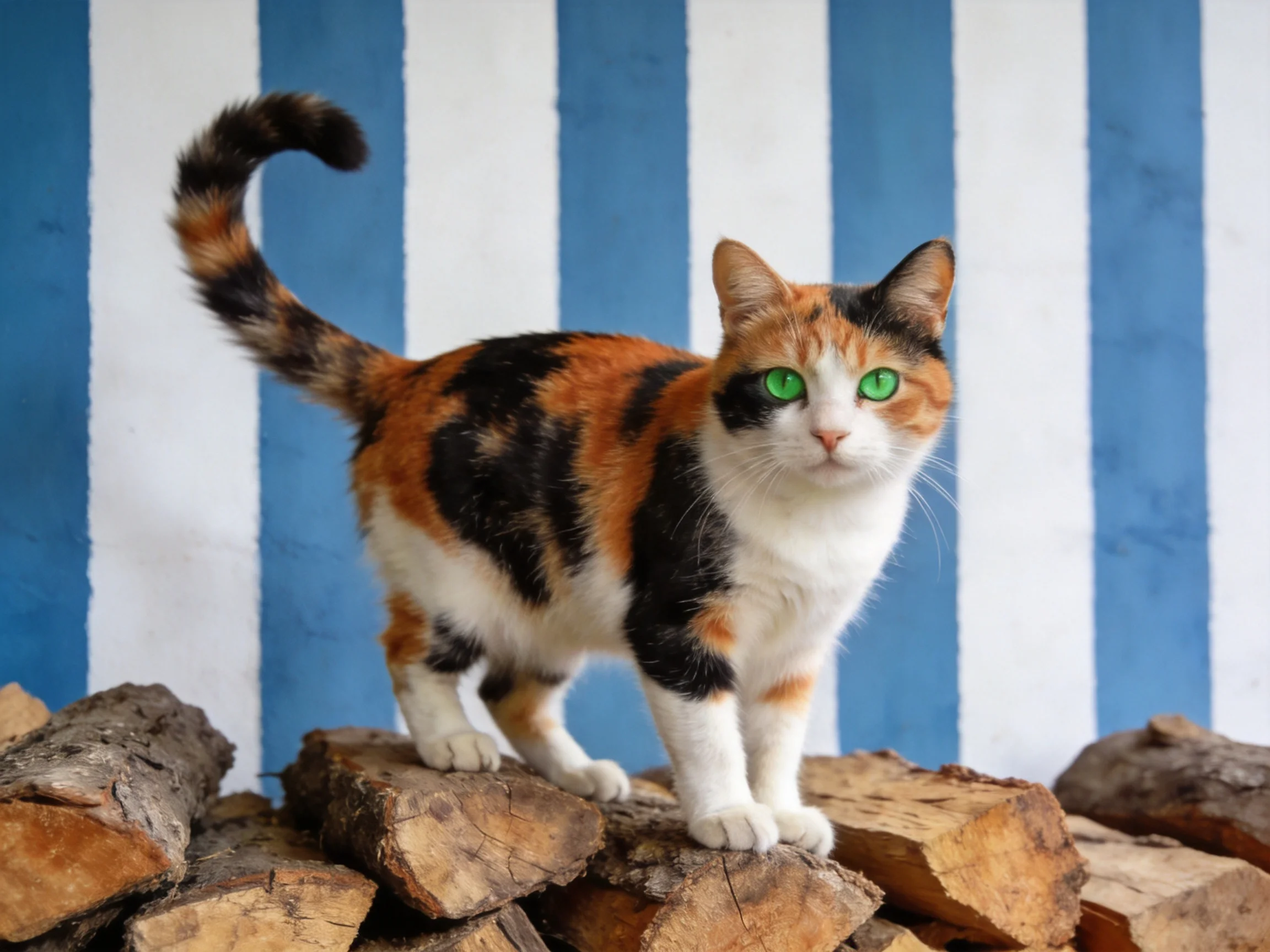 A calico cat with green eyes stands atop chopped firewood beside blue and white stripes