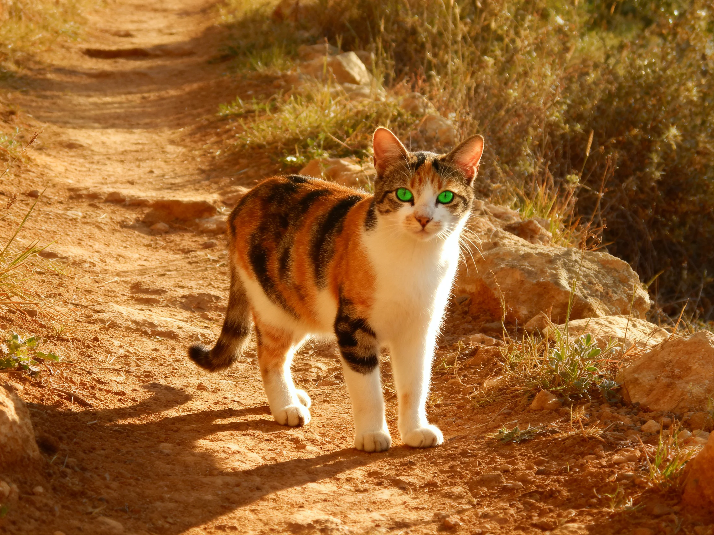 A calico cat with green eyes stands on a sunlit dirt trail