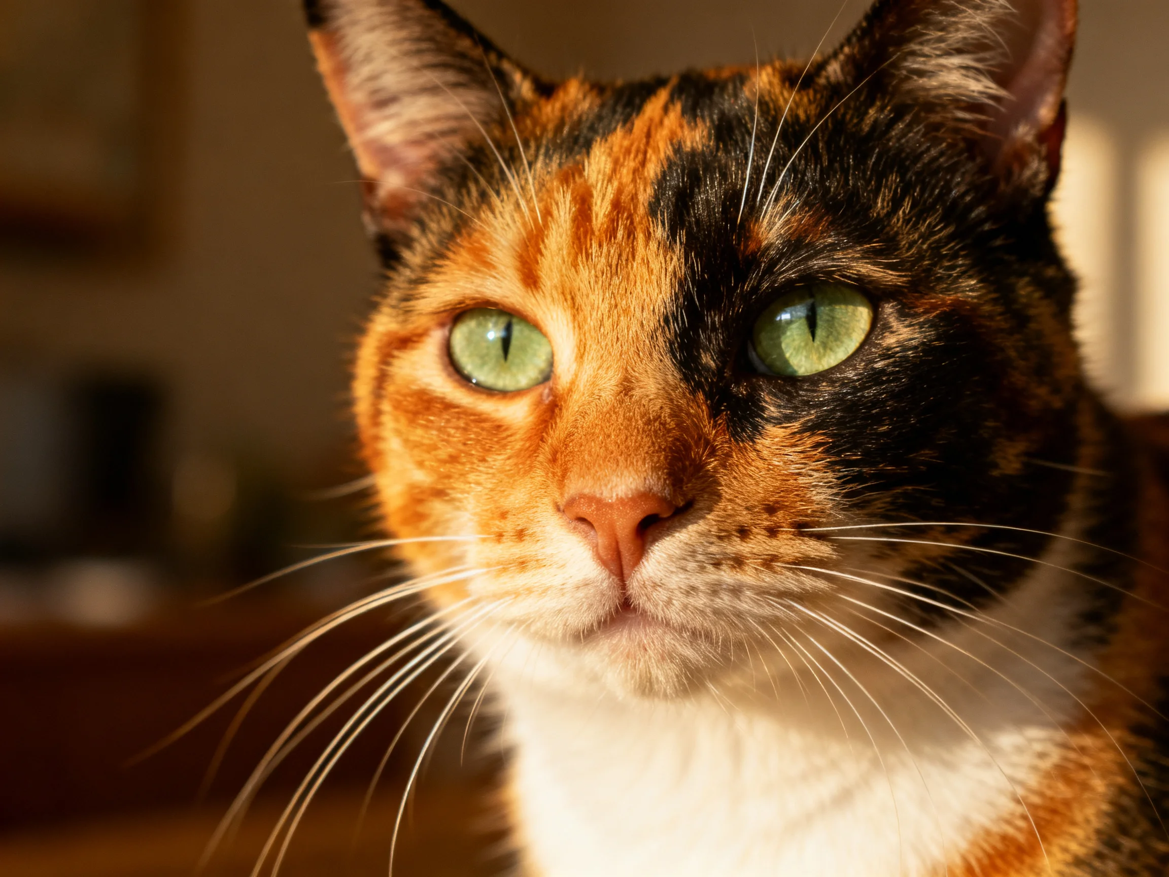 A calico cat with green eyes, warm lighting, and distinct fur patterns.