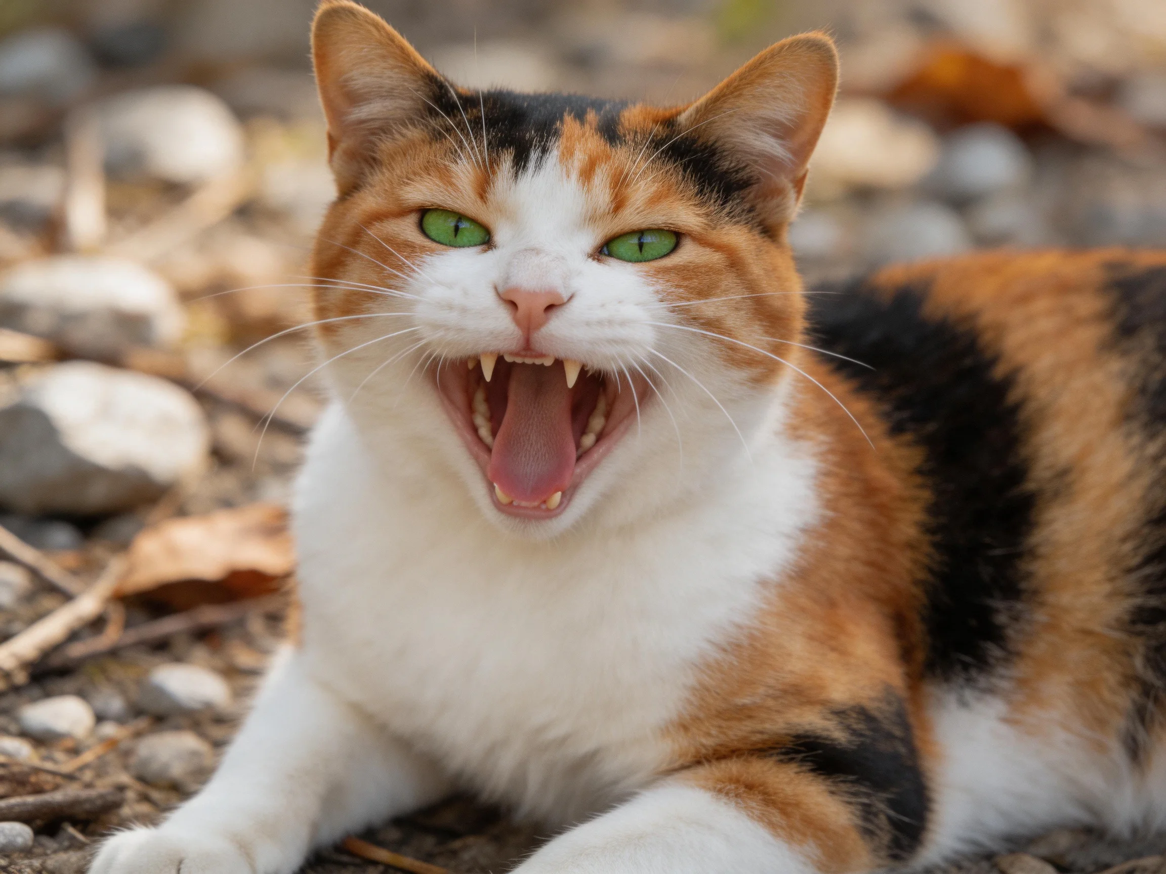 A calico cat with green eyes yawning outdoors among rocks