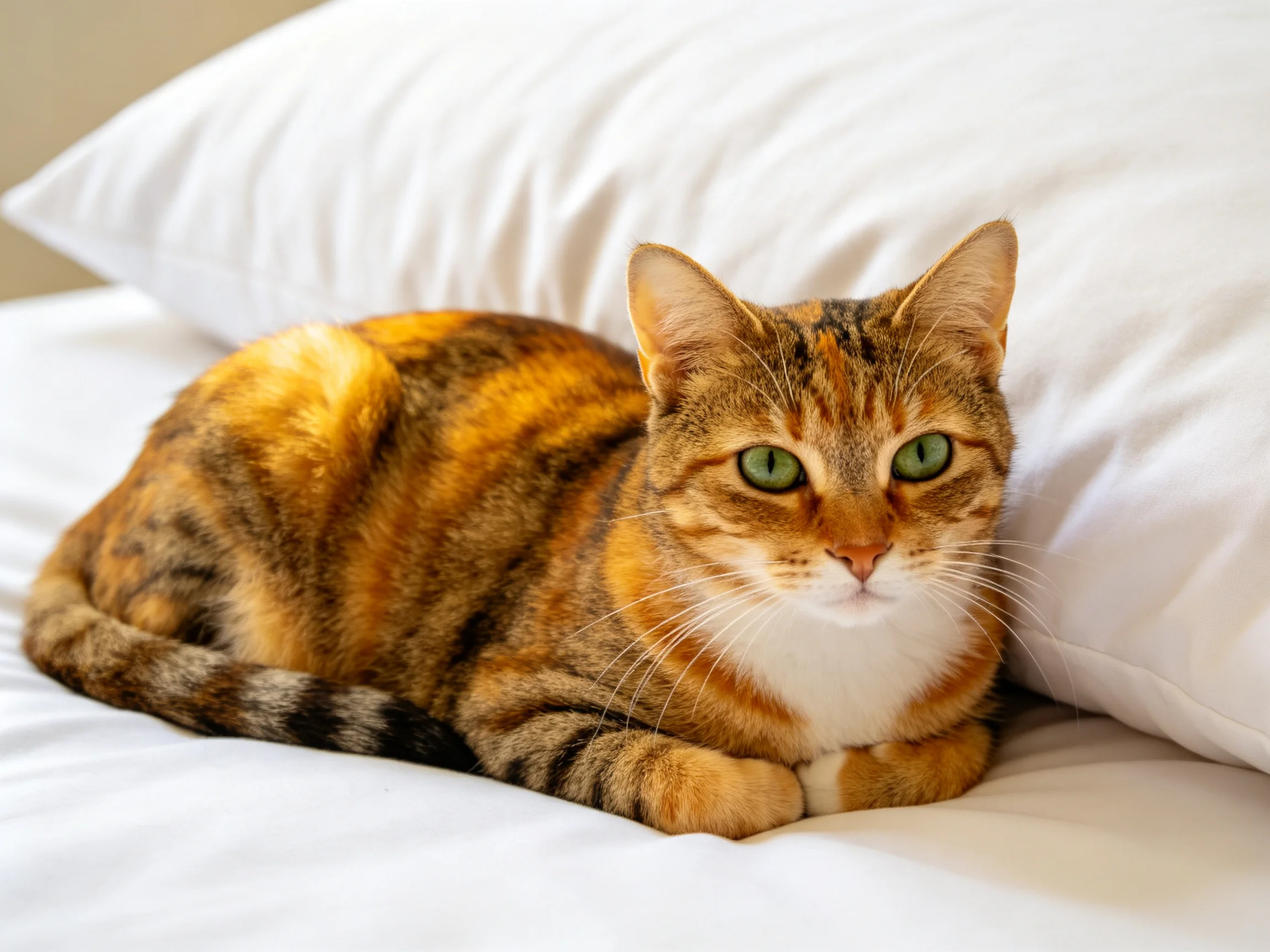 A calico cat with green eyes relaxes on white bedding