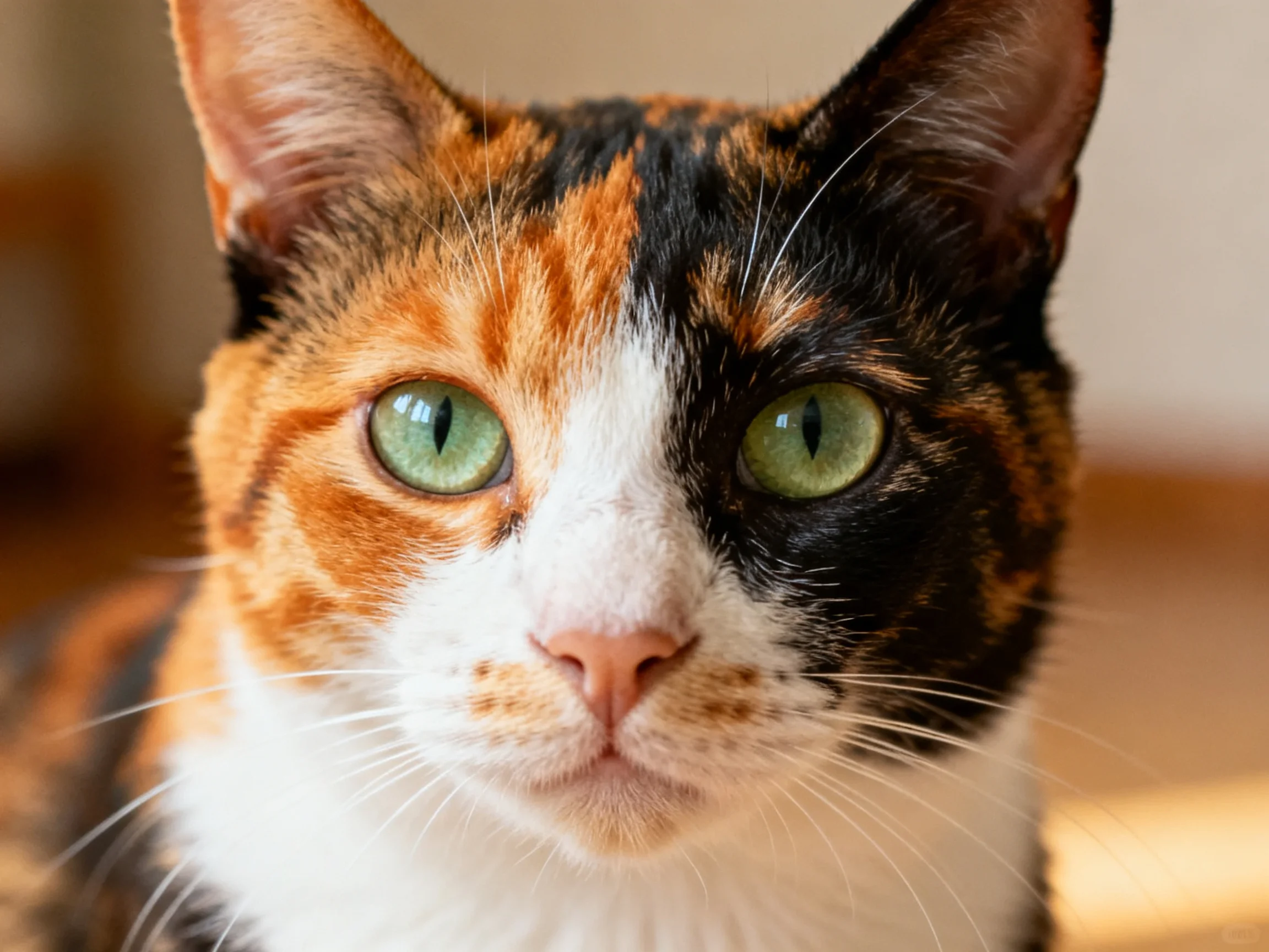 A calico cat with orange, black, and white fur and green eyes gazes directly at the viewer.