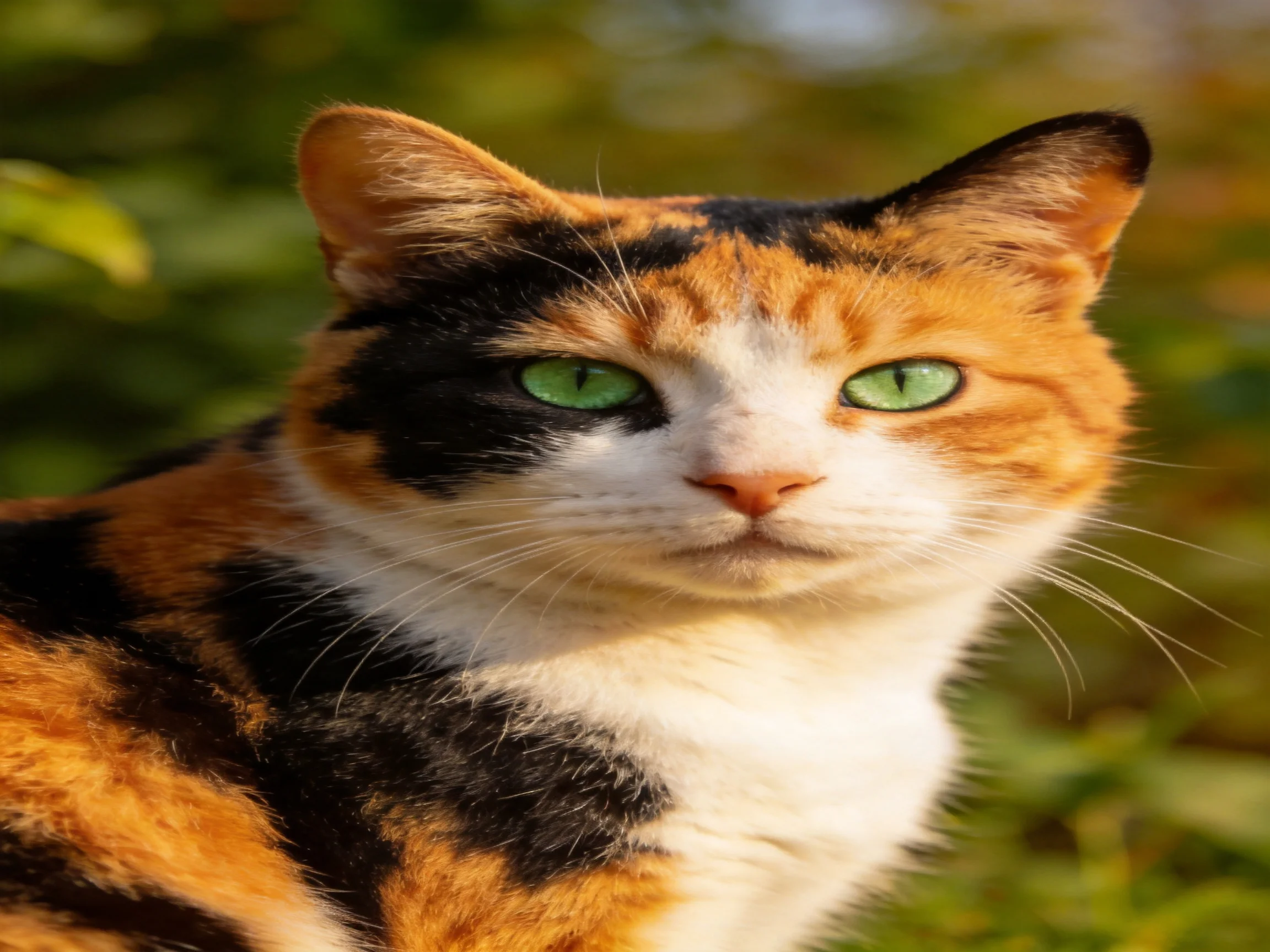 A calico cat with green eyes is outdoors among blurred greenery.