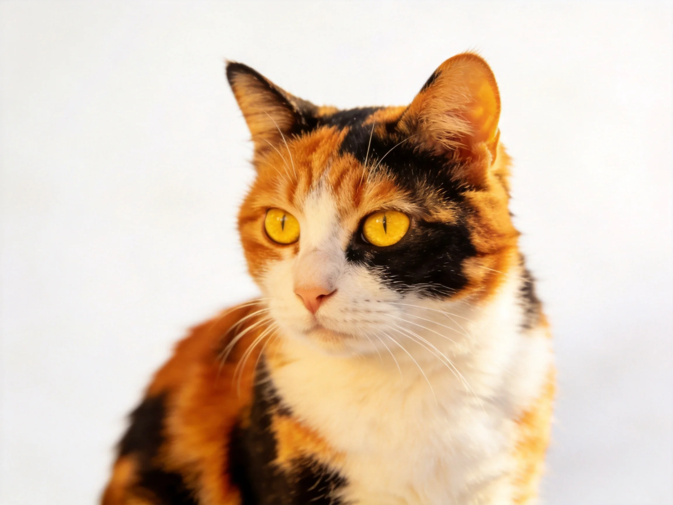 A calico cat with colorful fur gazes attentively against a plain backdrop.
