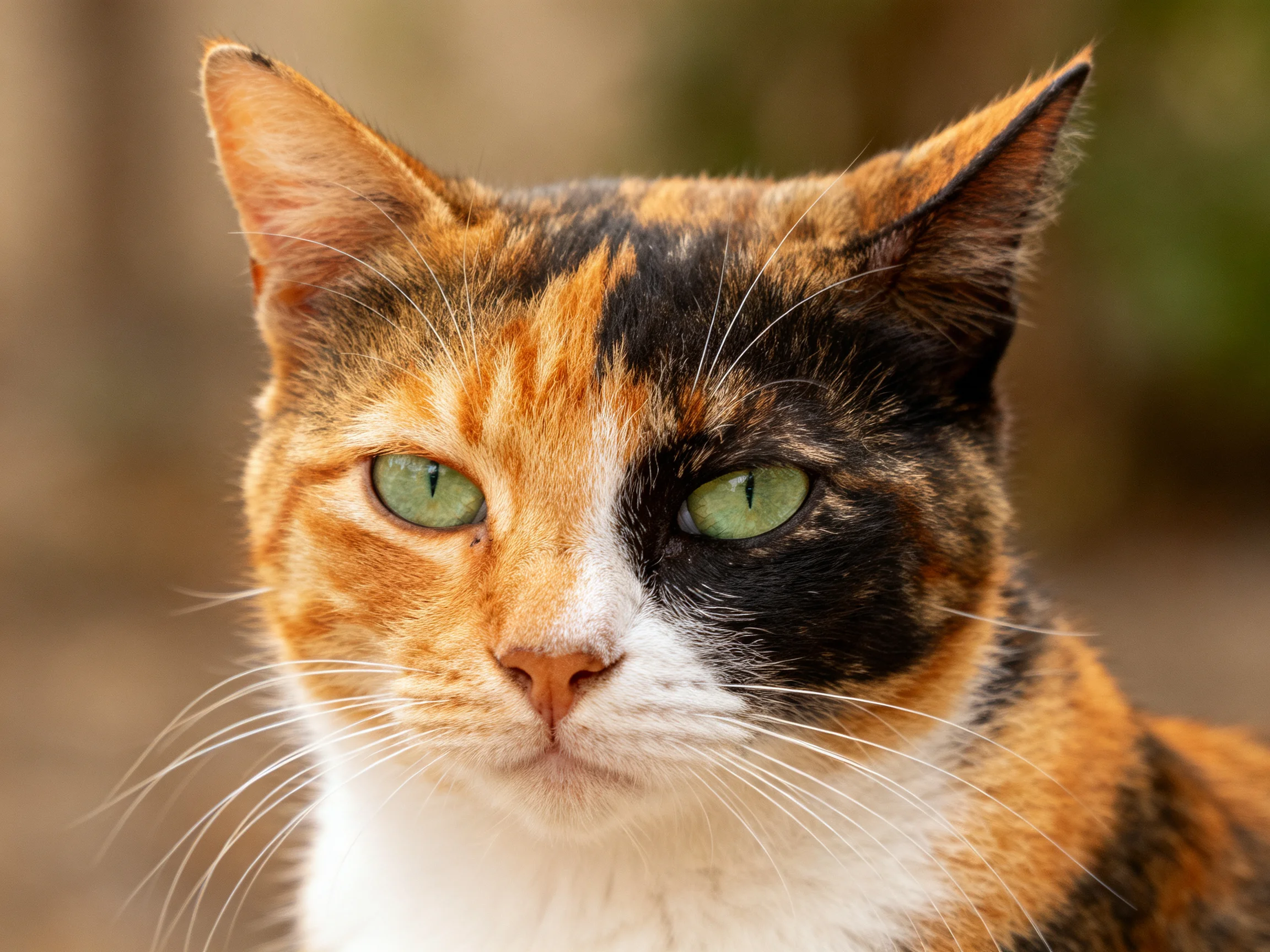 A close-up view of a calico cat showcasing its colorful coat and green eyes.