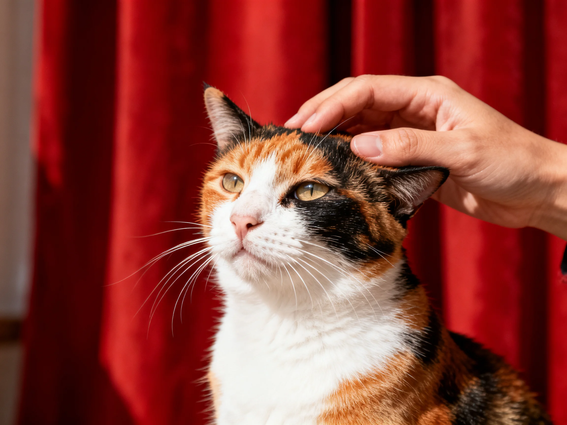 A calico cat sits calmly as a hand pets its head beside a red curtain