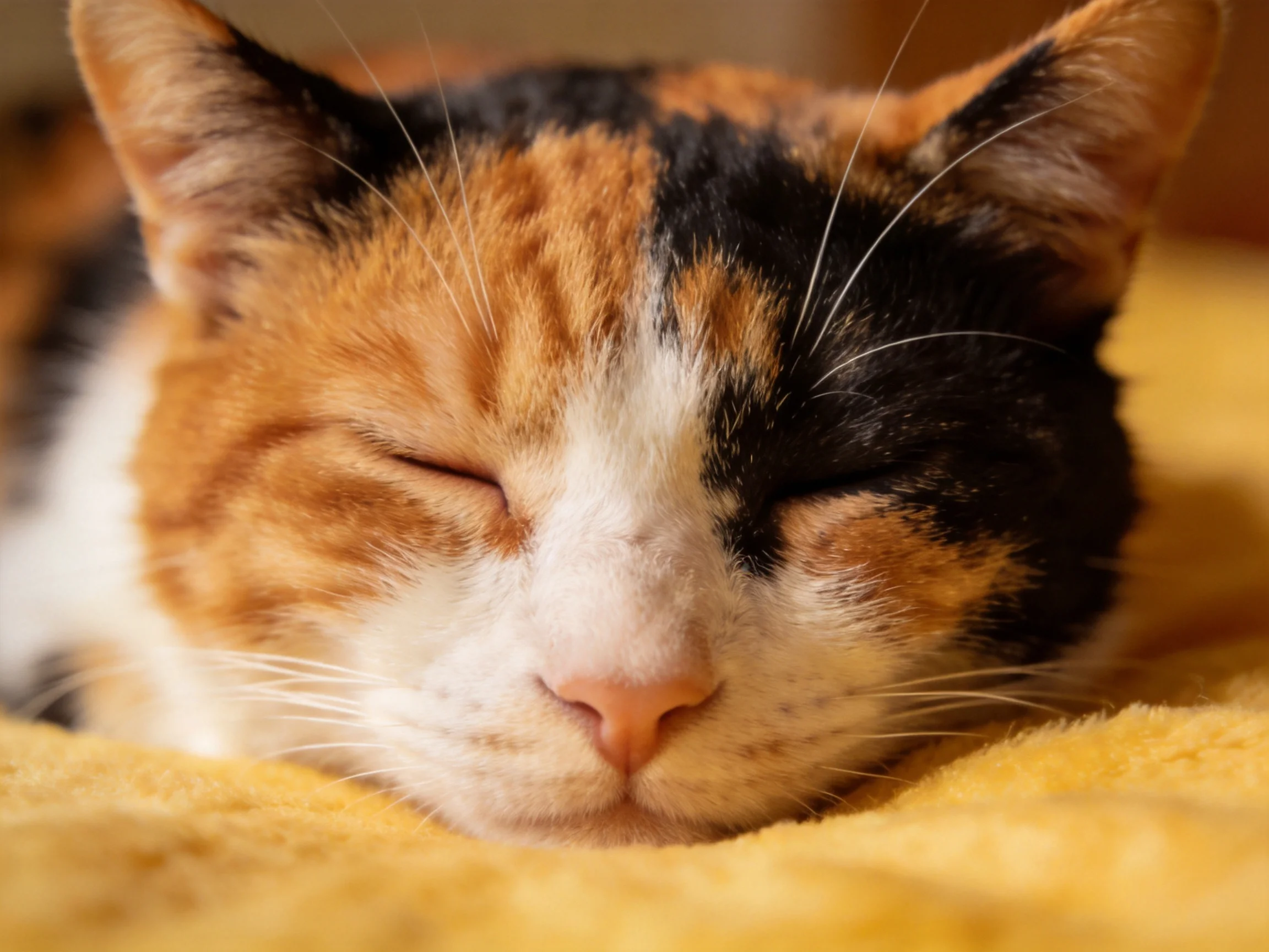 A calico cat with orange, black, and white fur sleeps on a yellow blanket.