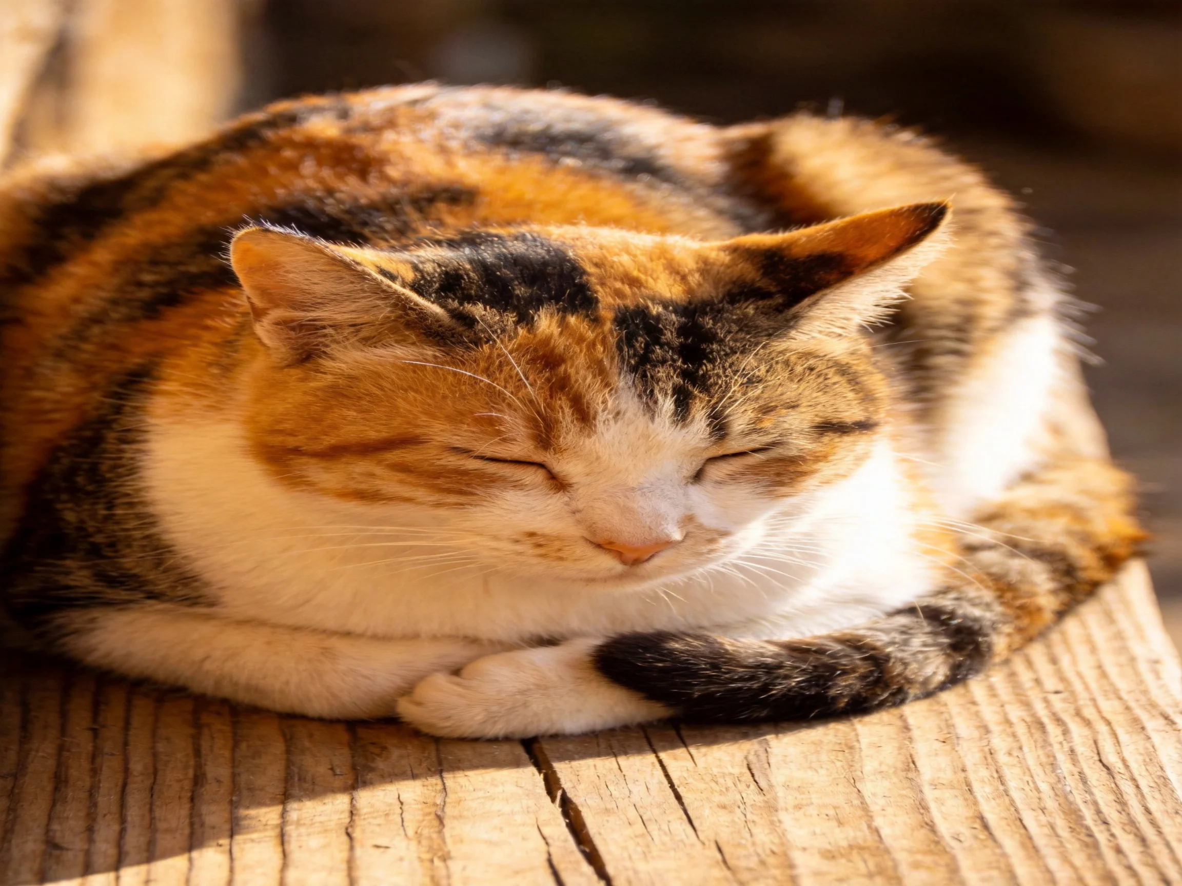 A calico cat rests peacefully on a wooden surface in sunlight.