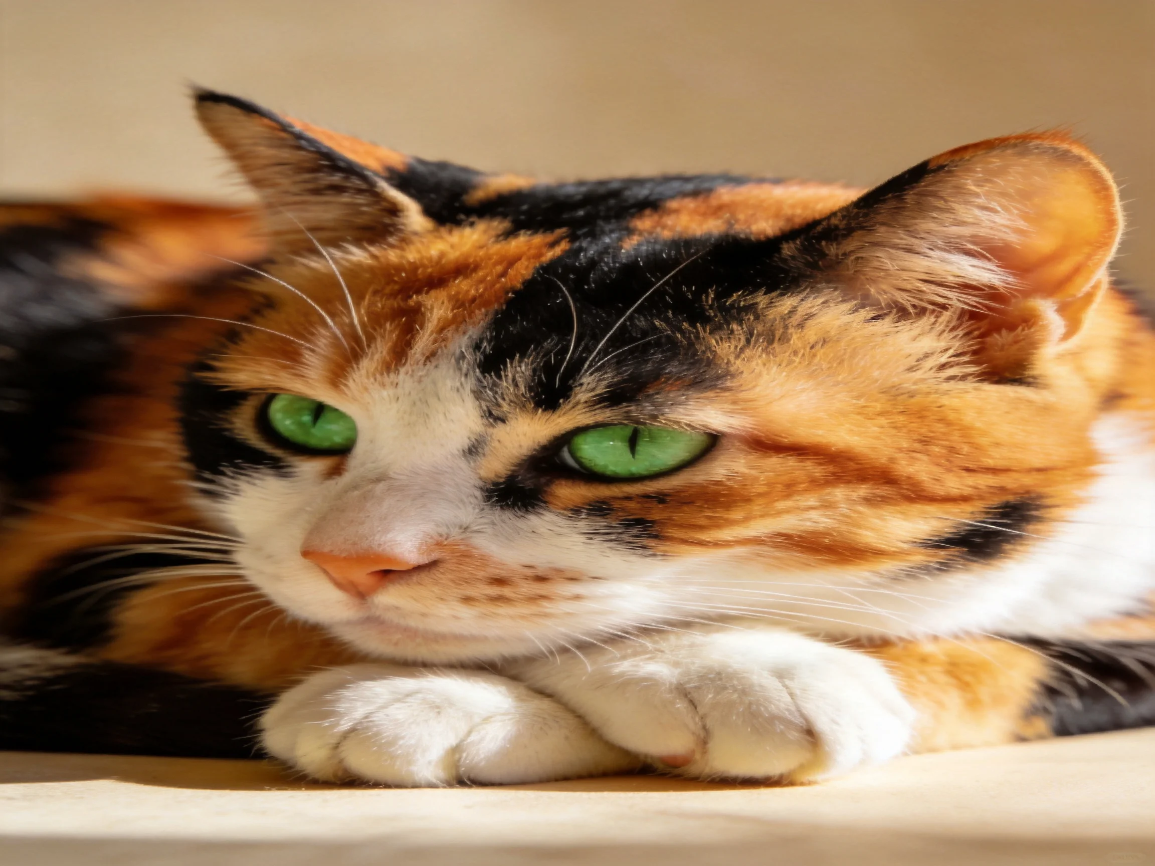 A calico cat with orange, black, and white fur rests quietly under warm light.
