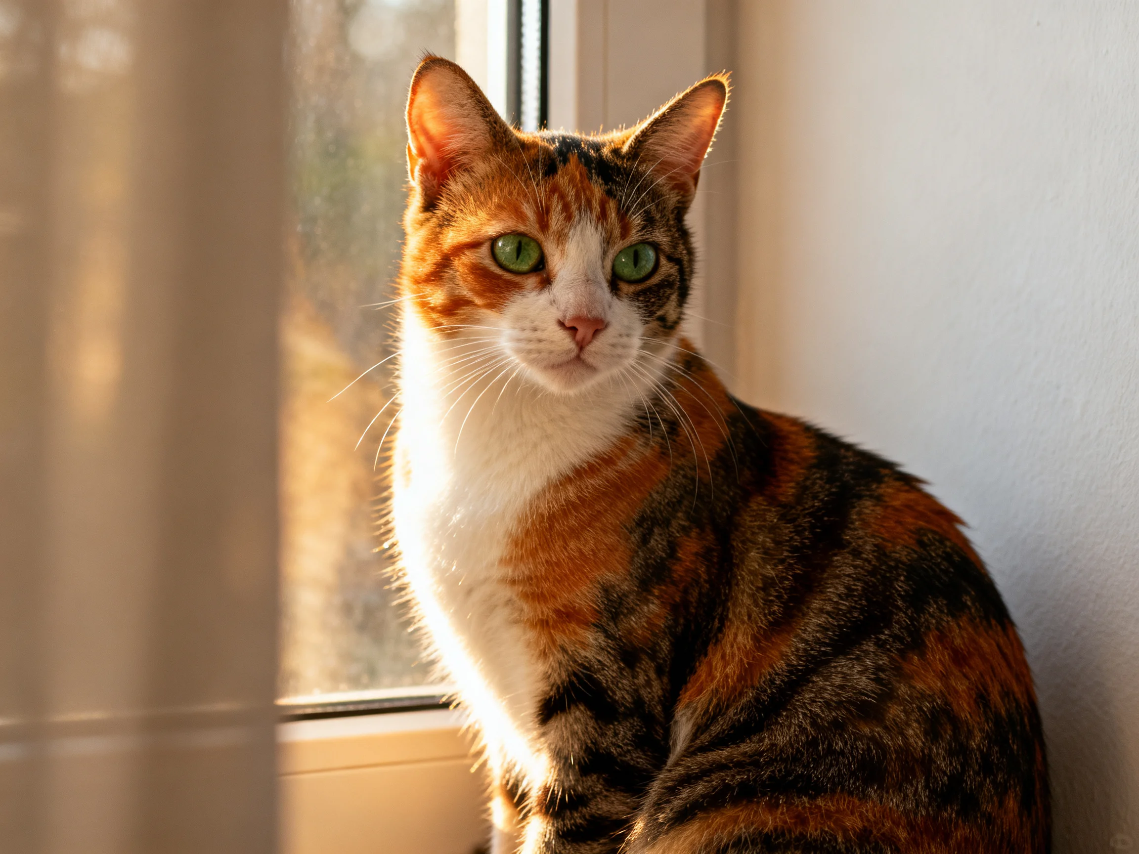 A calico cat sits by a sunlit window with green eyes.
