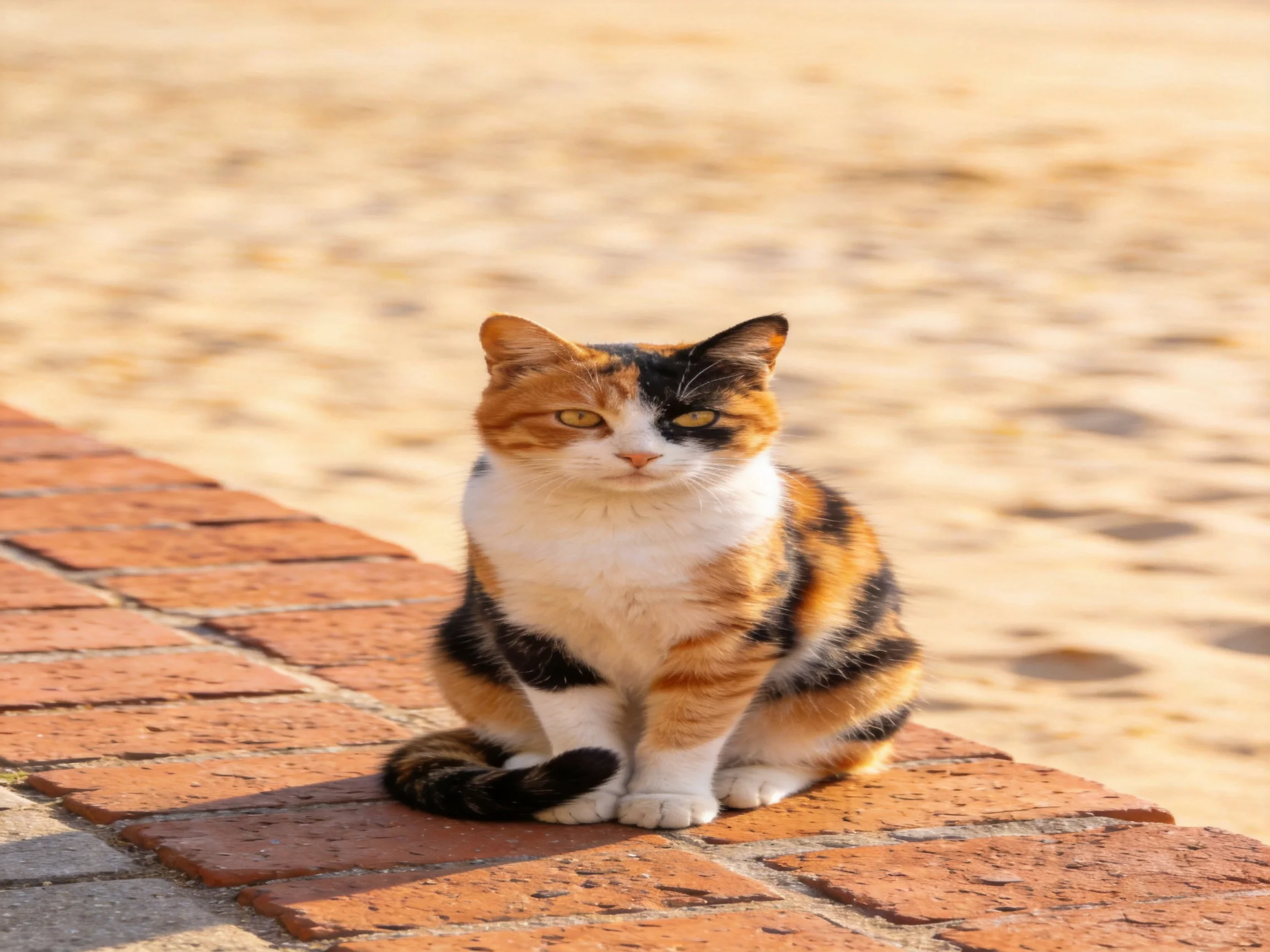 A calico cat sits on a brick ledge near sandy ground.