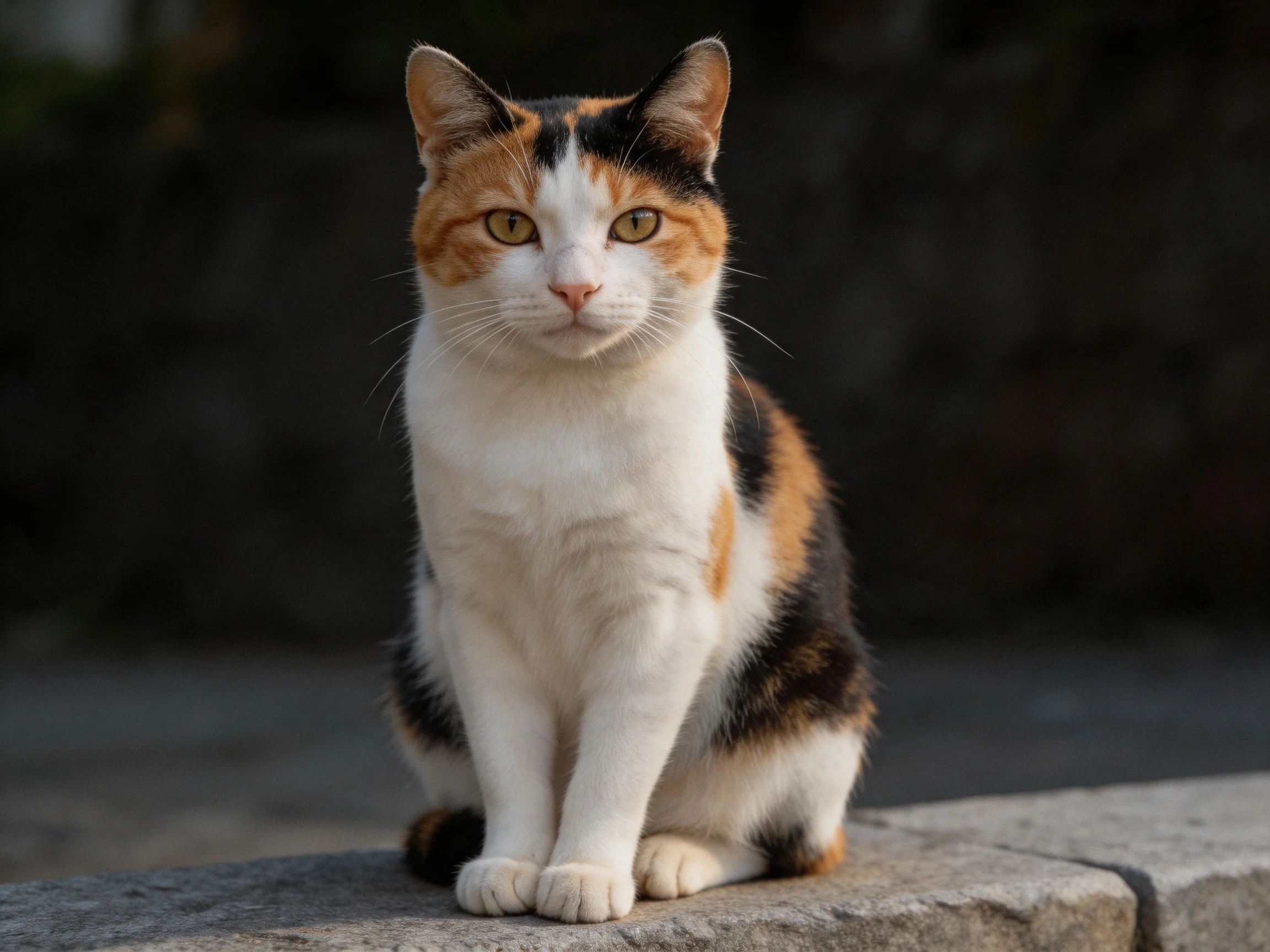 A calico cat sits on a stone ledge with a dark background