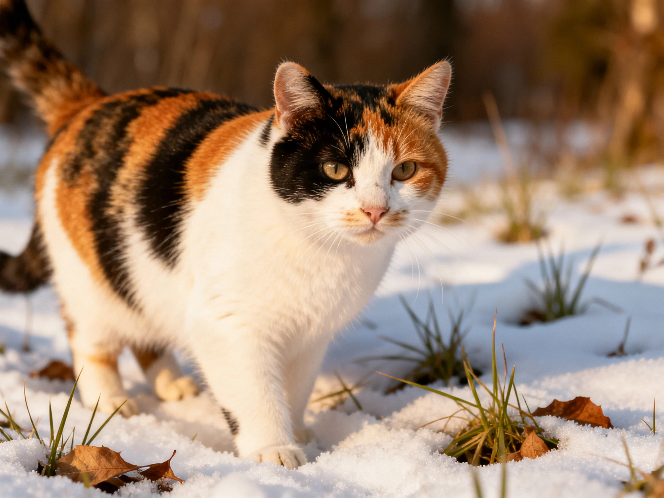 A calico cat with orange, black, and white fur walking on snow-covered ground