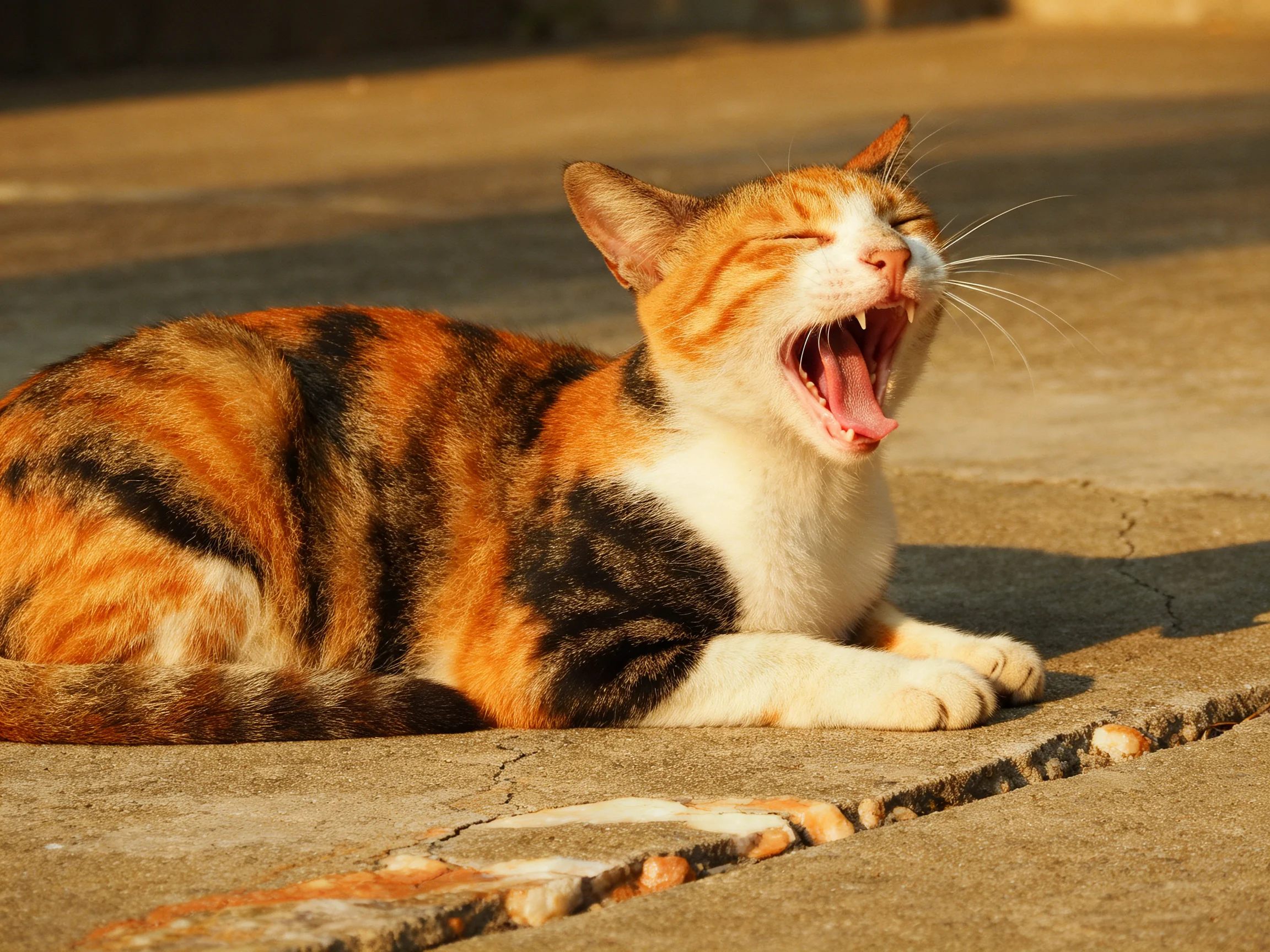 A calico cat yawns while resting on a cracked concrete area.