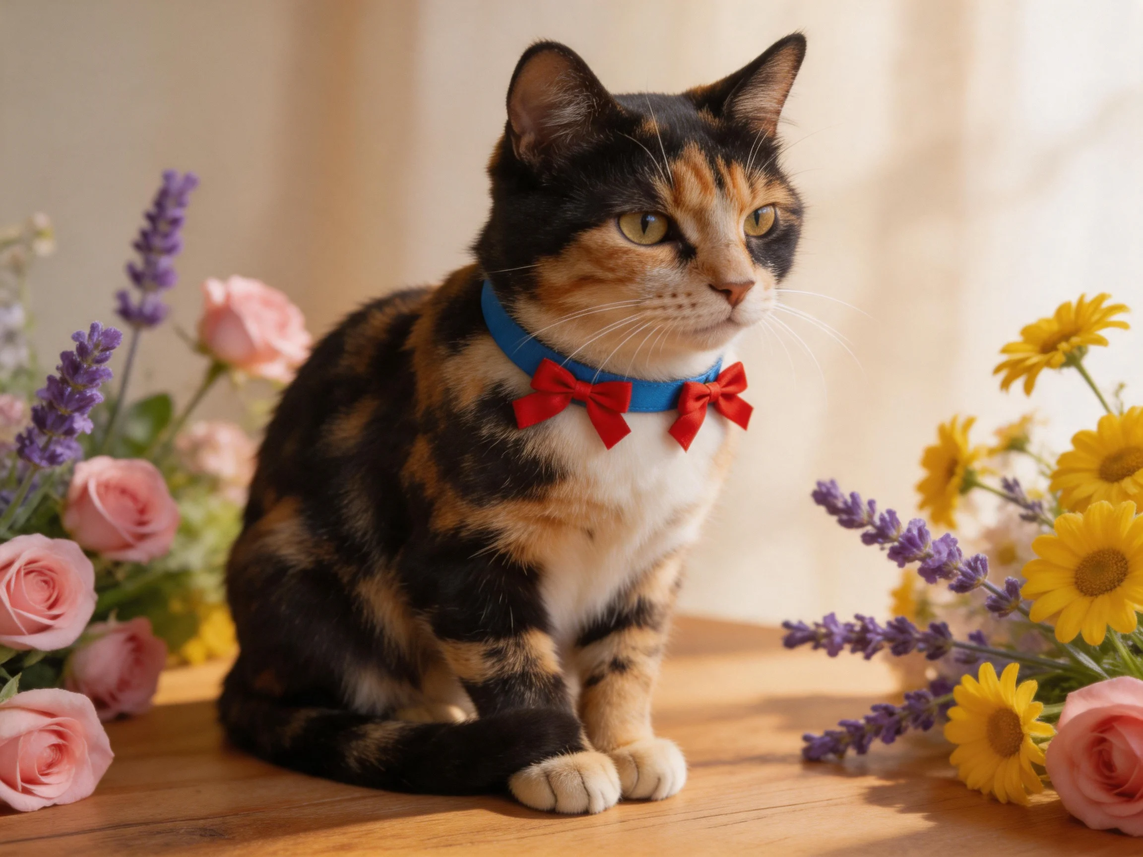 A calico cat with red bow ties sits among pink roses, yellow daisies, and purple lavender.