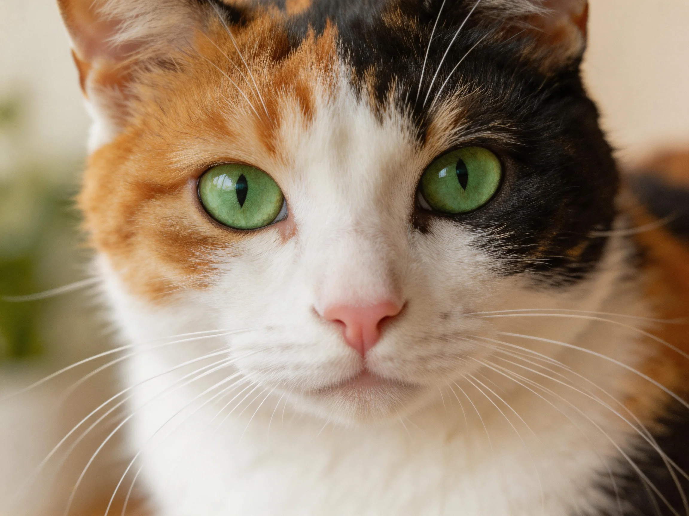 A close - up of a calico cat with green eyes.