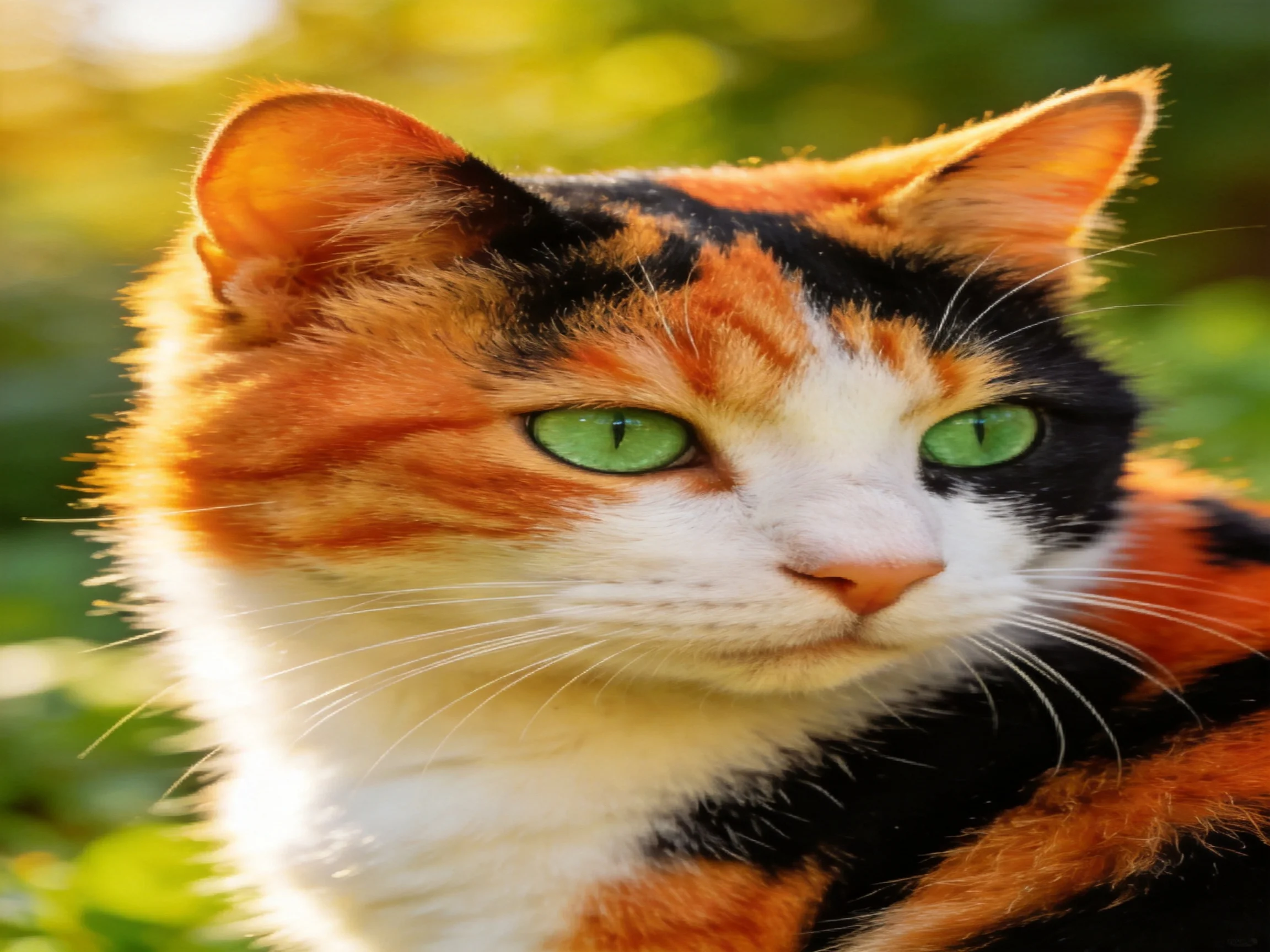 A calico cat with colorful fur and green eyes rests in an outdoor setting.