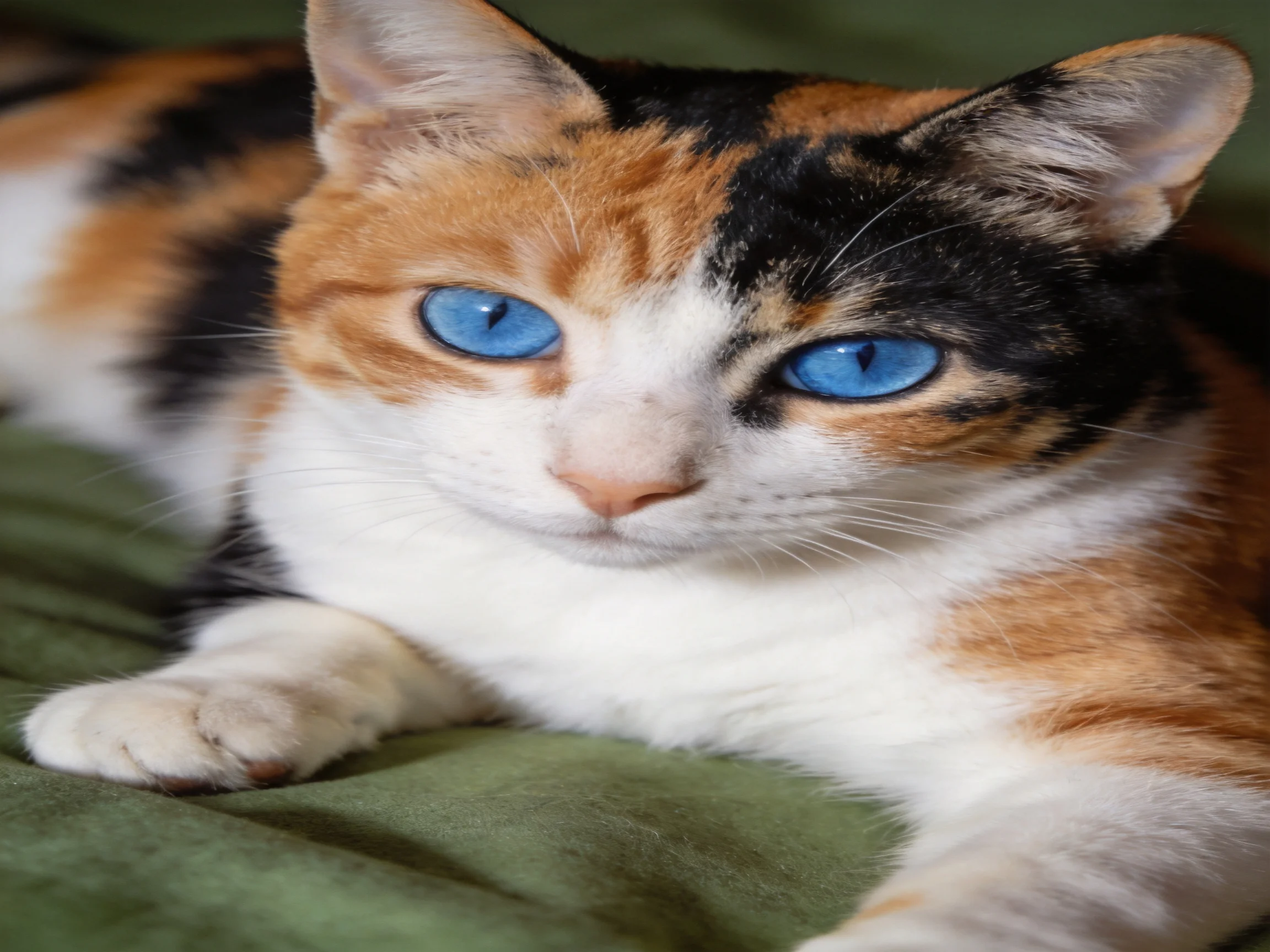 A calico cat with blue eyes rests on a green fabric.