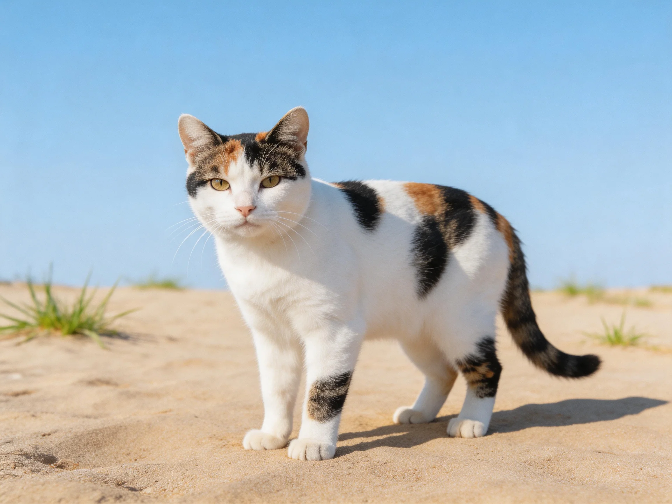 A calico cat stands on sandy ground in an open area with a clear blue sky.