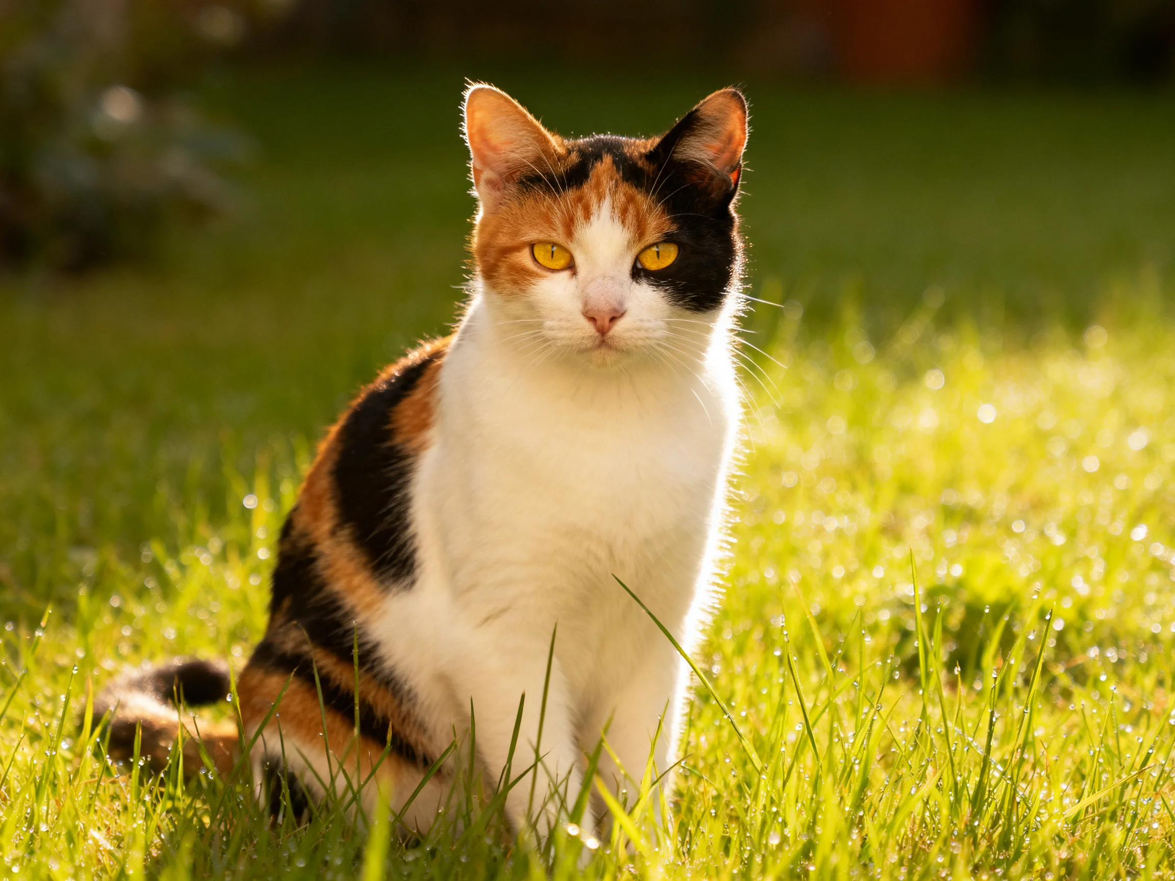 A calico cat sits calmly in sunlit grass
