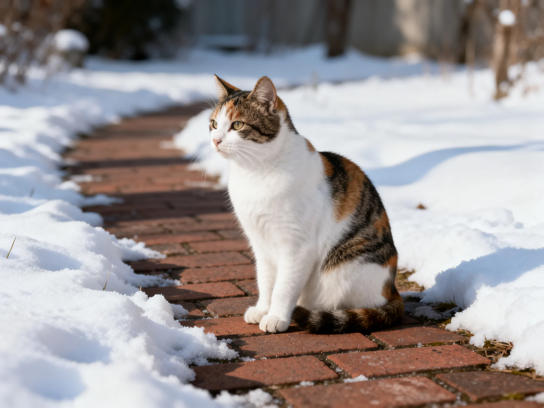 A calico cat sits on a brick path with snow surrounding it.