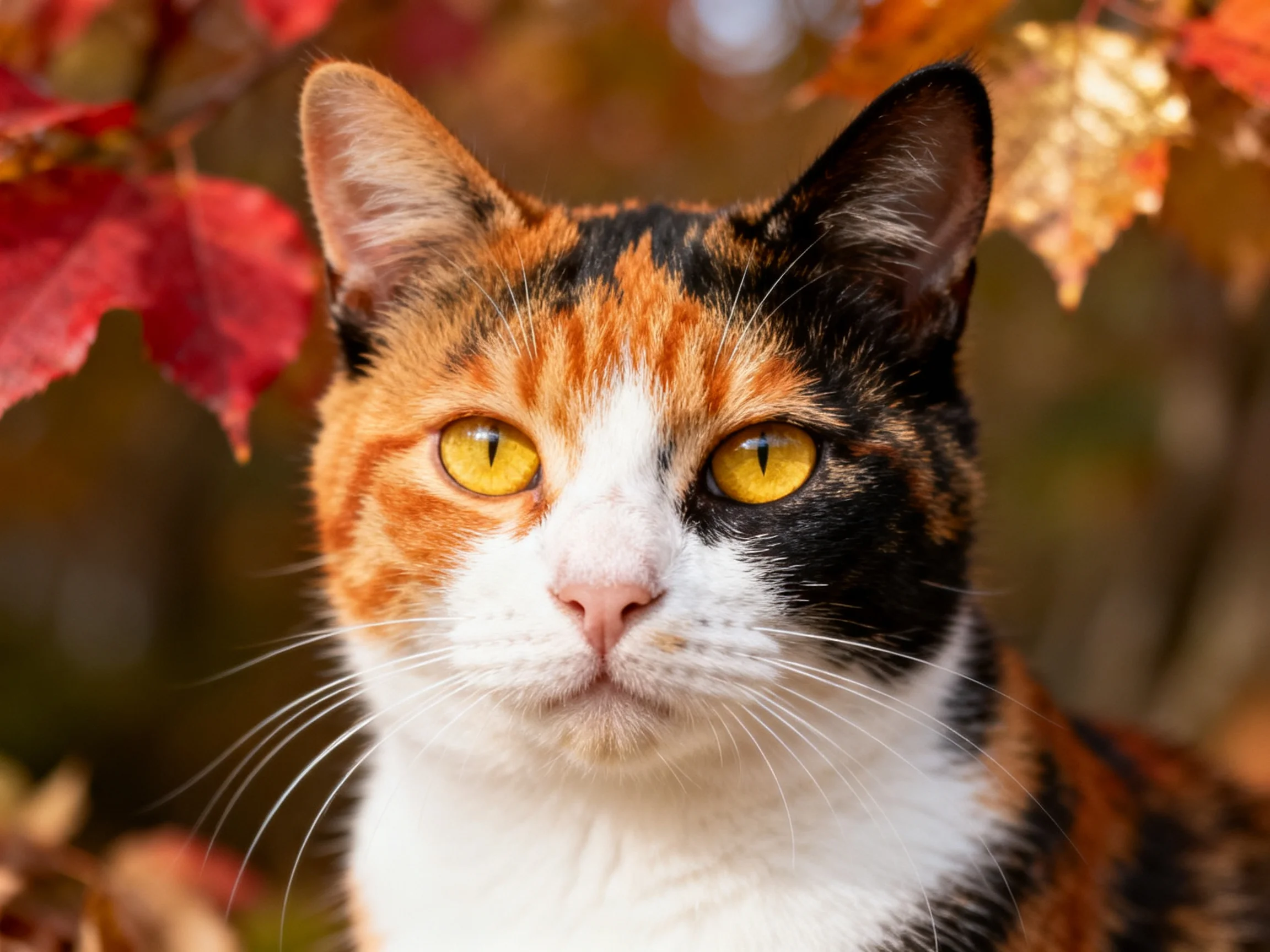 A calico cat with yellow eyes stands near colorful autumn leaves.