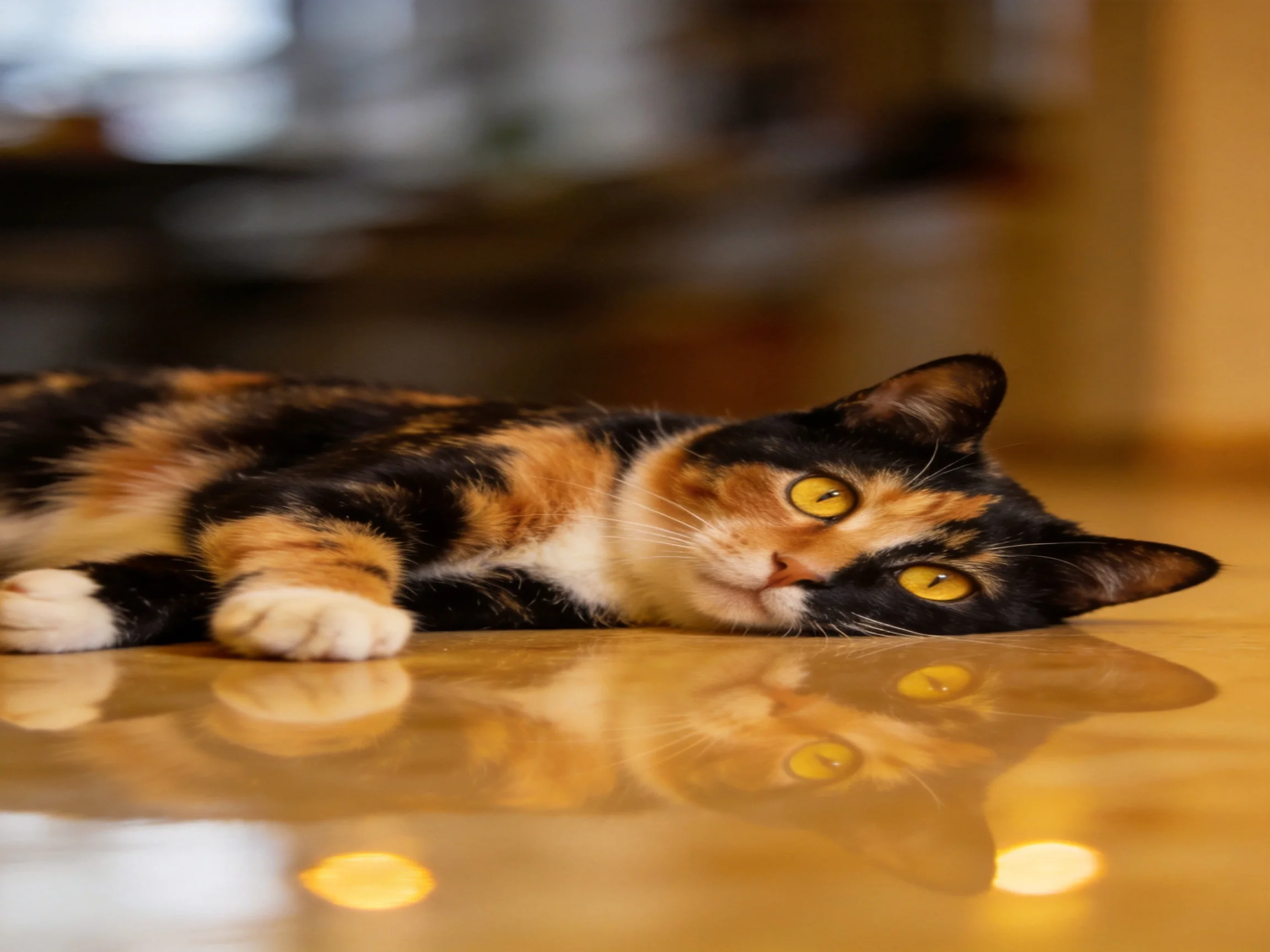 A calico cat with yellow eyes rests on a reflective floor.