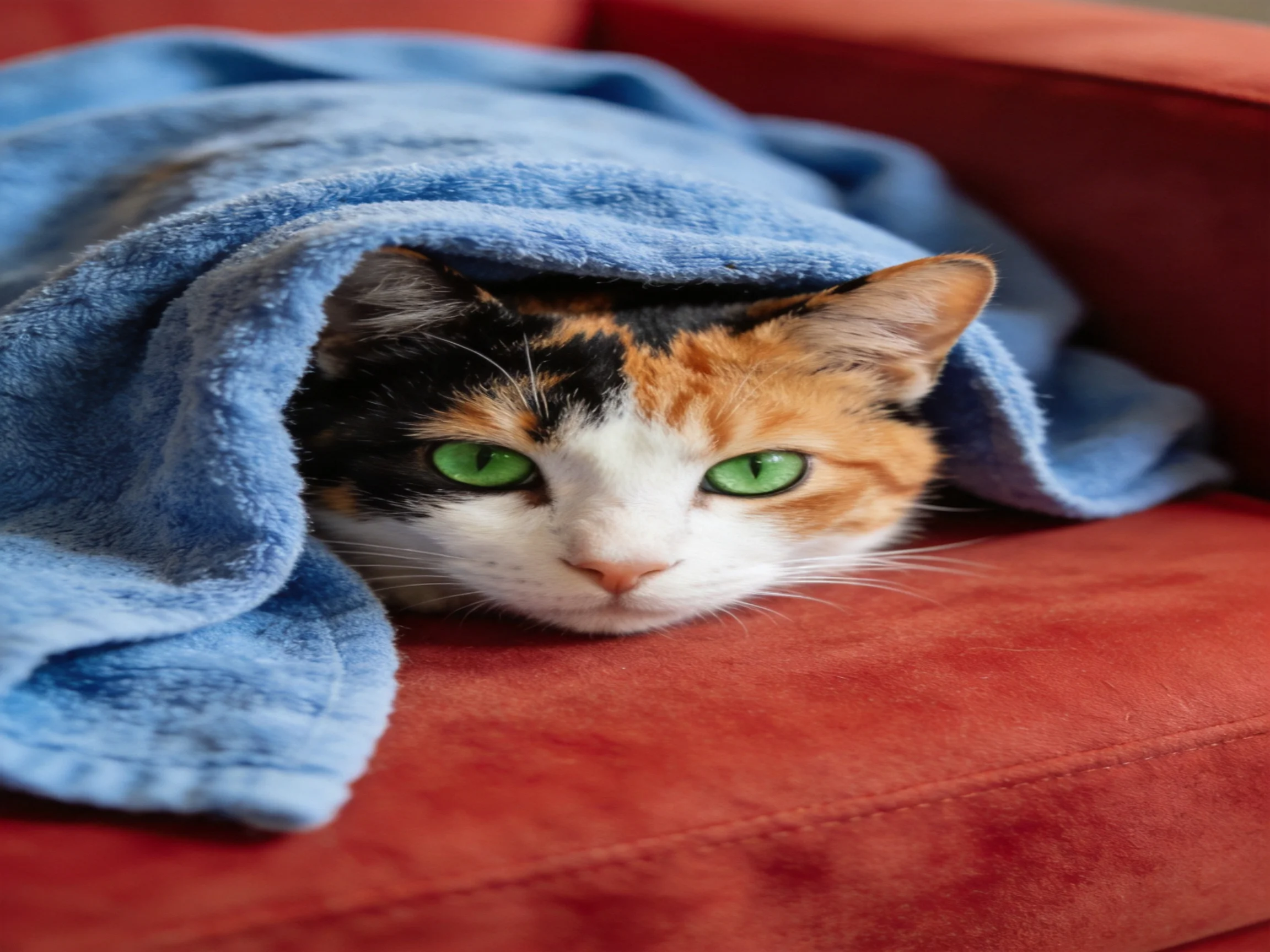 A calico cat wrapped in a blue towel on a red couch