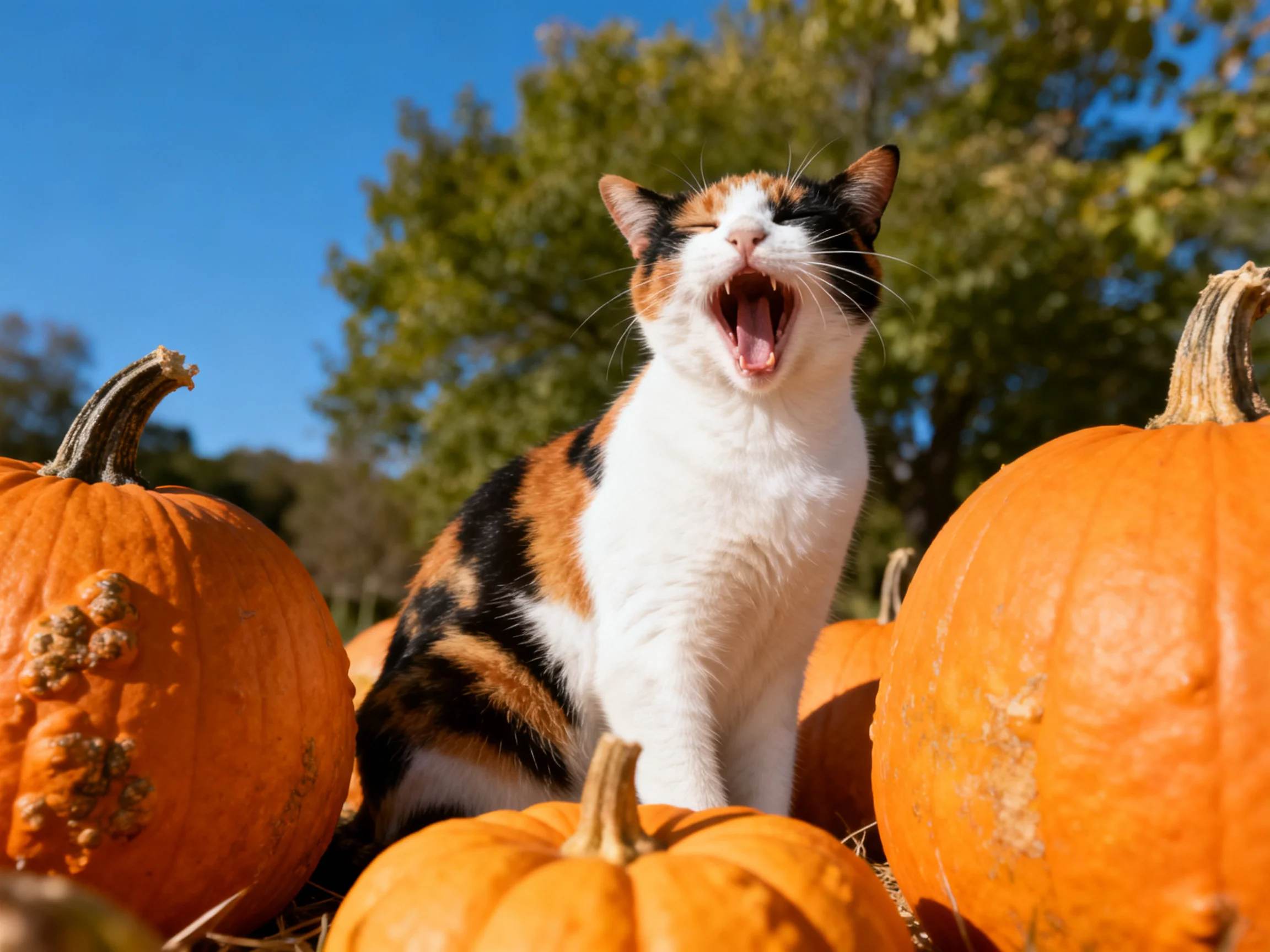 A calico cat yawns surrounded by orange pumpkins in an outdoor setting.