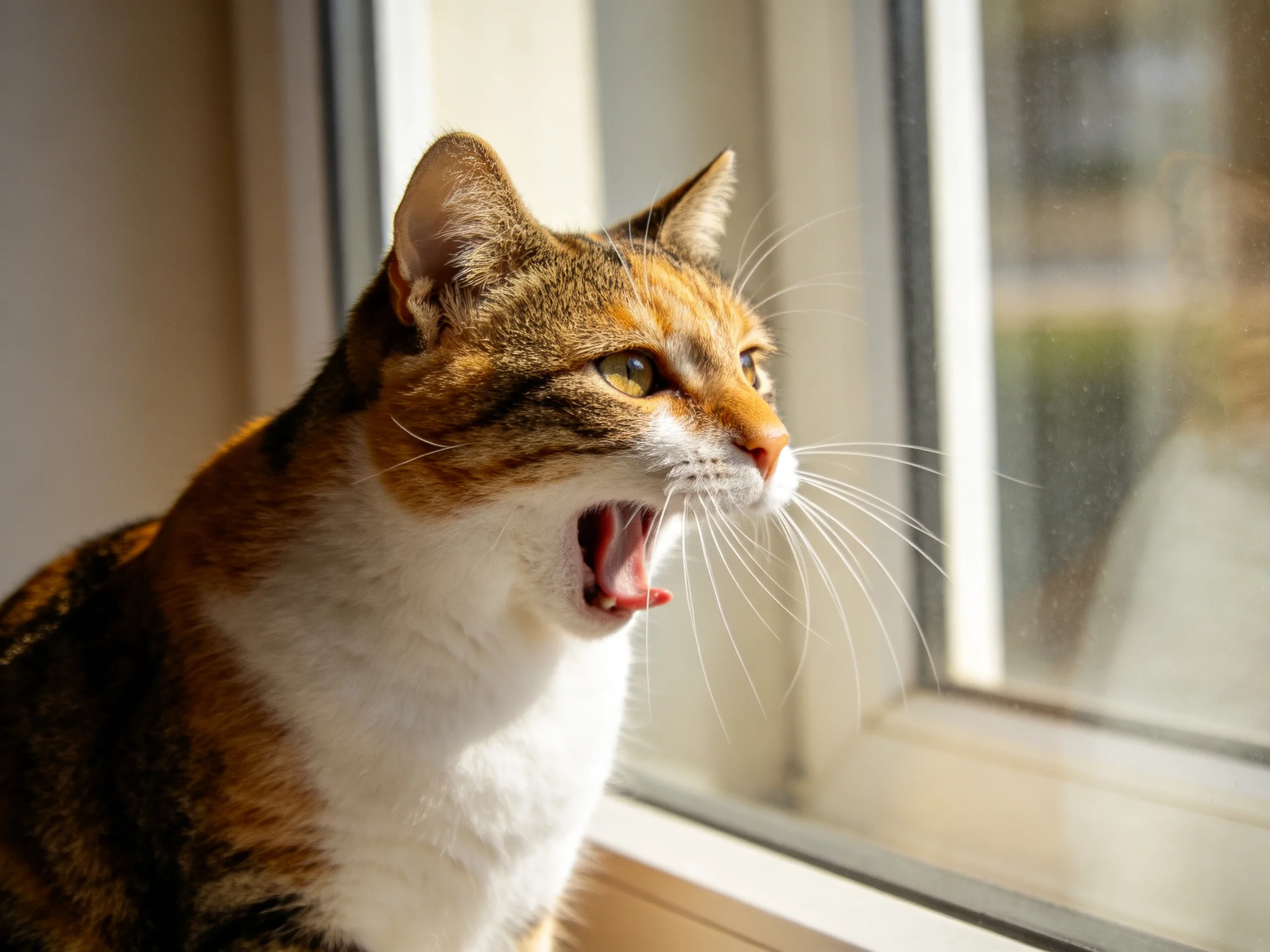 A calico cat yawning by a sunlit window with open mouth