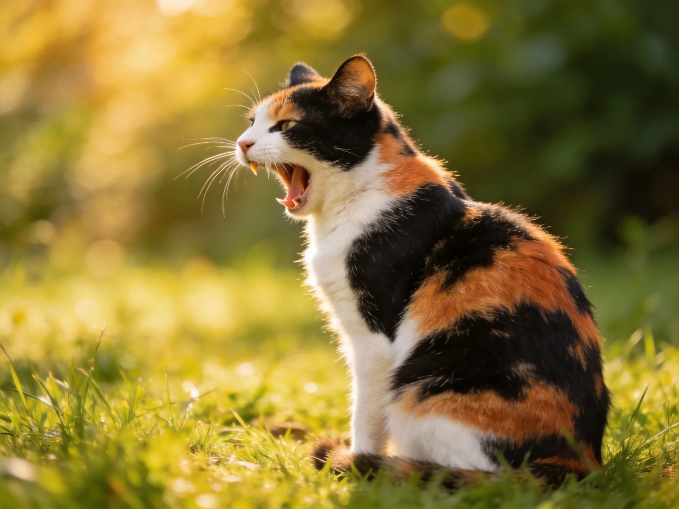 A calico cat yawns while sitting in sunlit grass near blurred greenery.